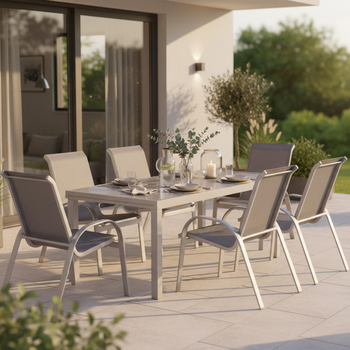 GARTENTISCHGRUPPE Netzbespannung Aluminium  - Silberfarben/Braun, KONVENTIONELL, Glas/Textil - Gardenson