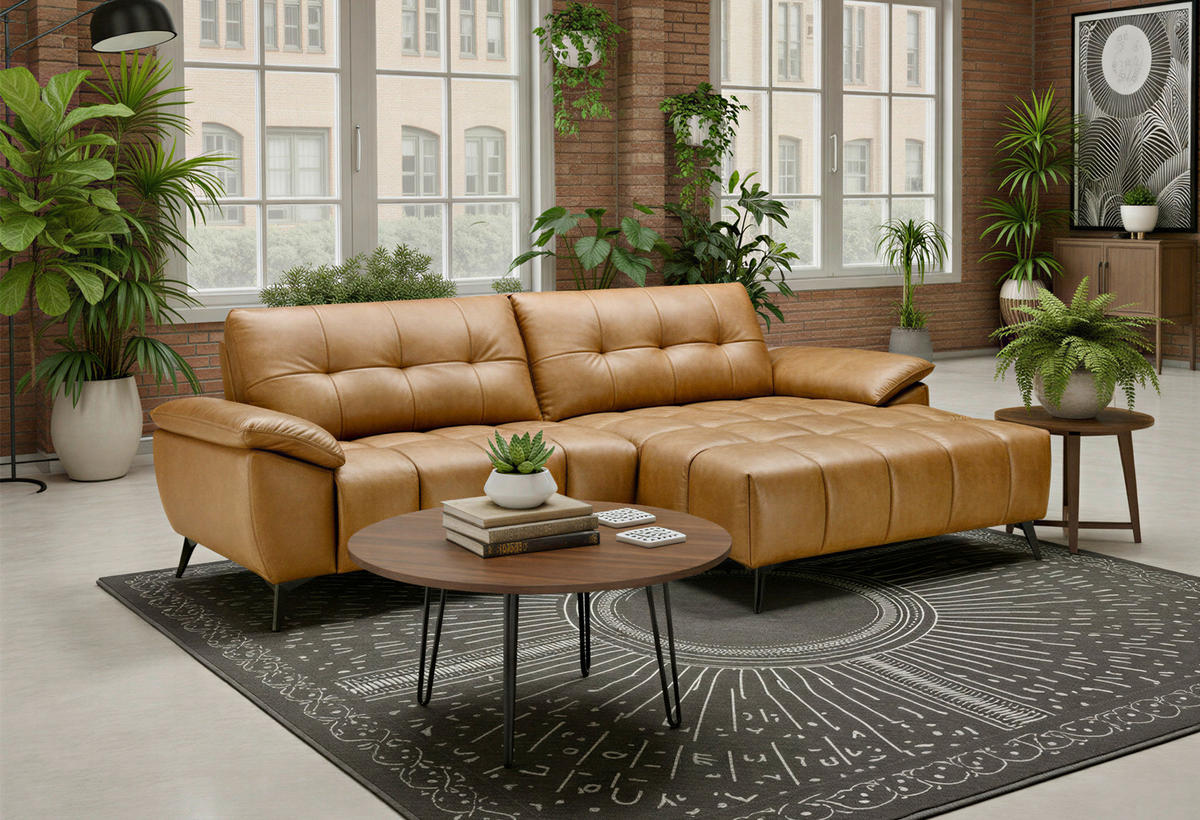 HÖRNSOFFA i läderimitation äkta läder cognacfärgad  - cognacfärgad/svart, Design, metall/läder (266/86/120cm) - MID.YOU