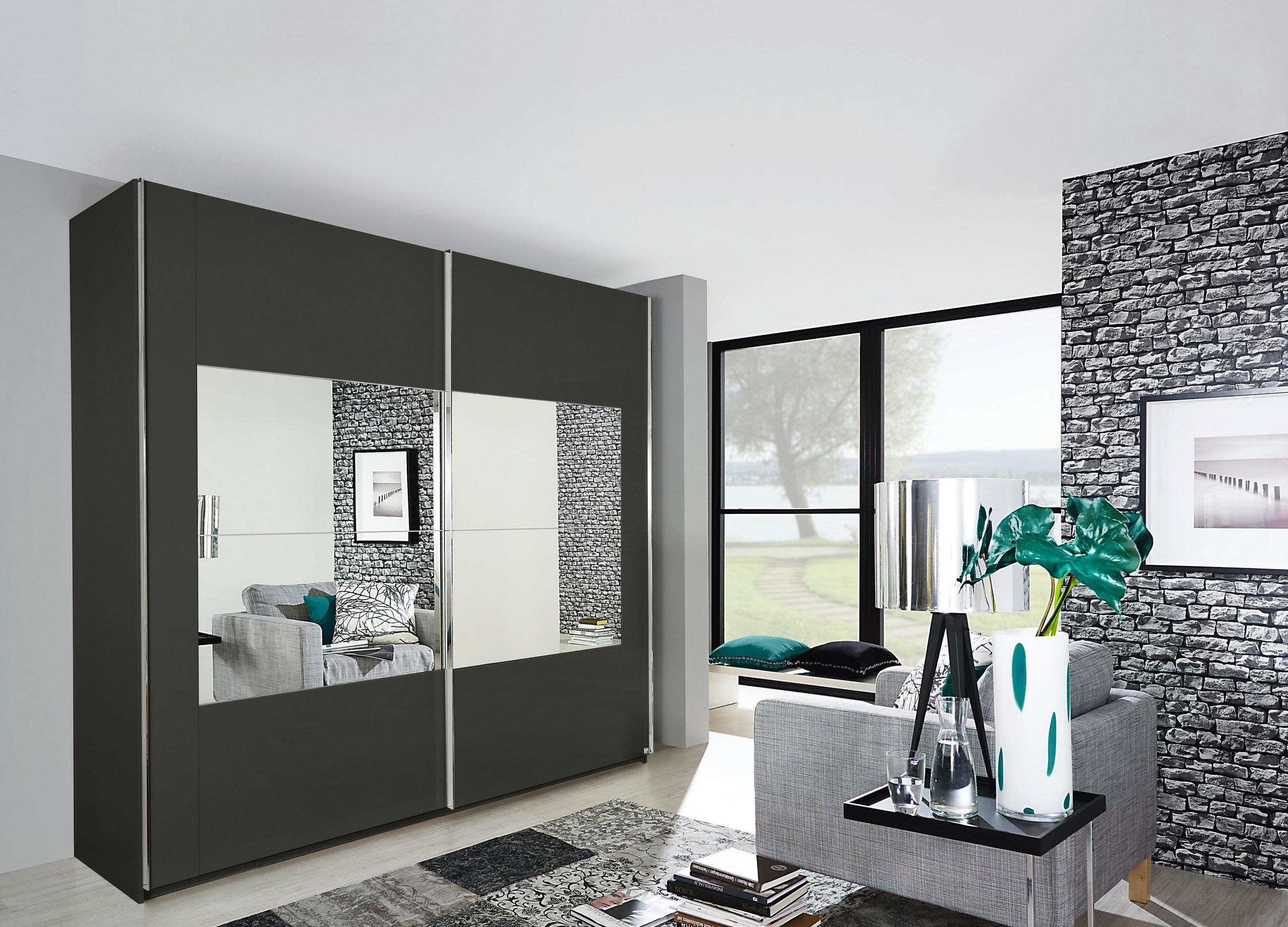 SCHWEBETÜRENSCHRANK 271/223/68 cm 2-türig Graphitfarben  - Chromfarben/Graphitfarben, Design, Glas/Holzwerkstoff (271/223/68cm) - Xora
