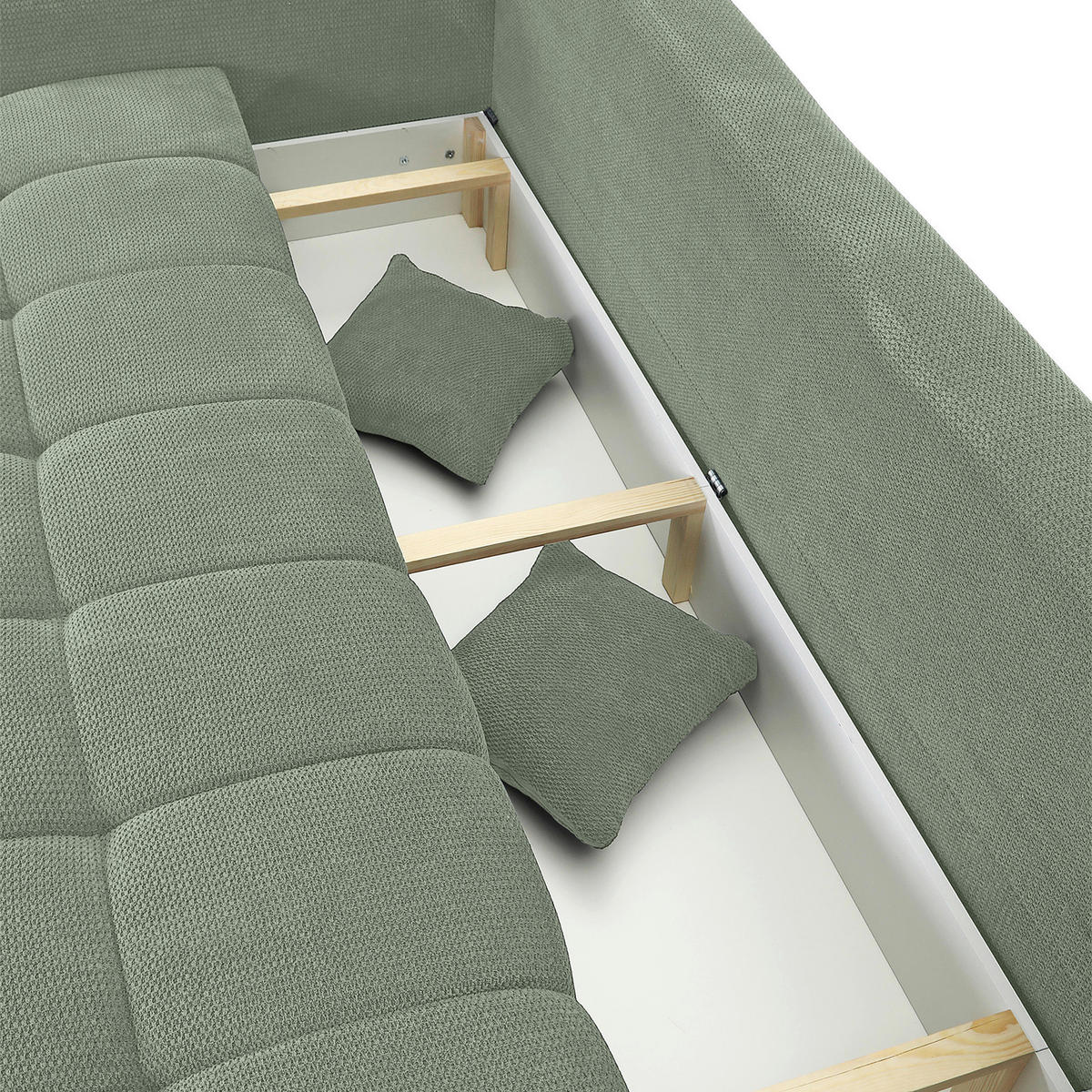 SCHLAFSOFA Plüsch Salbeigrün  inkl. Zierkissen, Rückenkissen, Bettkasten, Schlaffunktion, Rücken echt, Liegefläche im Originalstoff  - Salbeigrün/Schwarz, KONVENTIONELL, Kunststoff/Textil (200/73/105cm) - Carryhome
