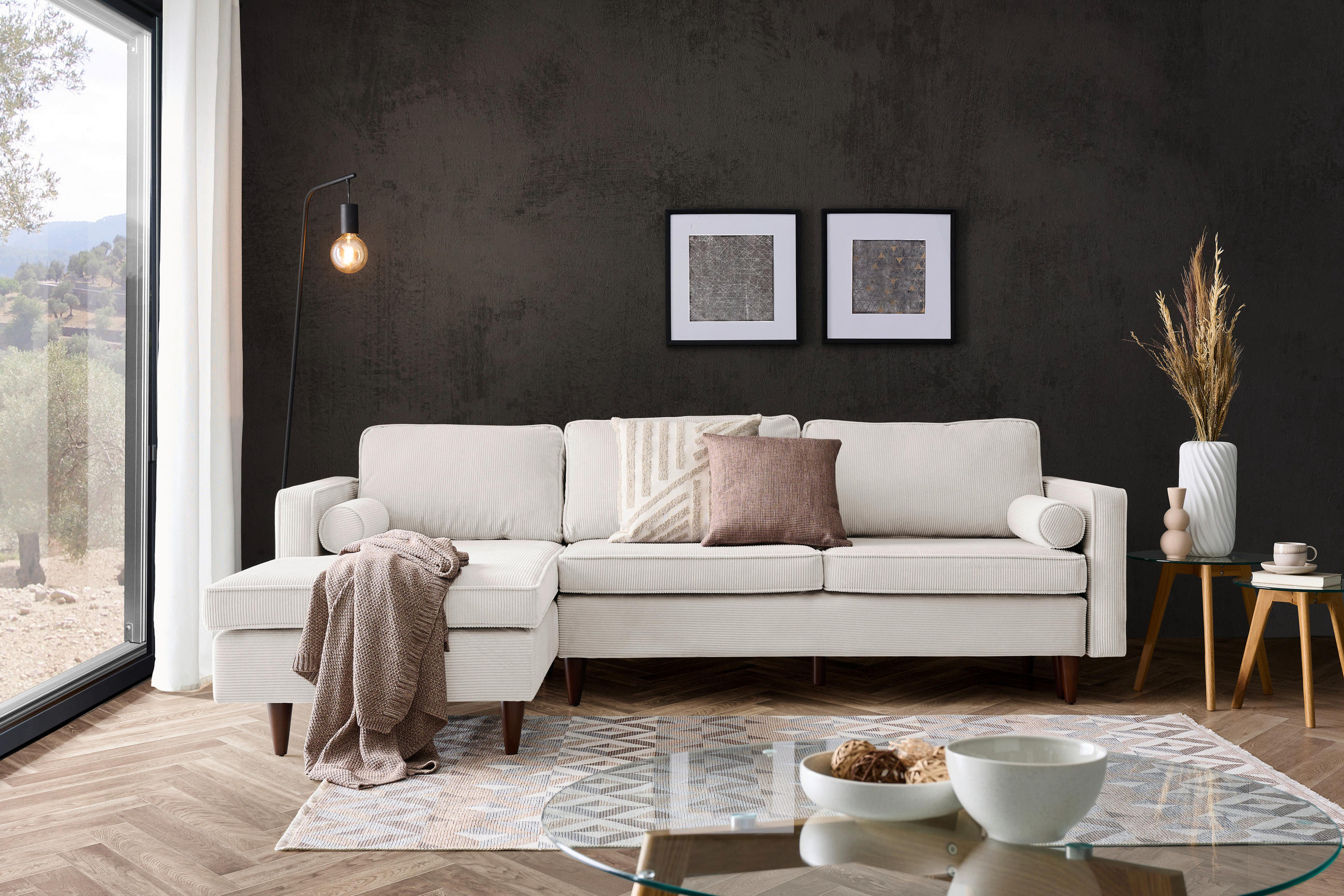 ECKSOFA in Cord Creme  - Eichefarben/Creme, MODERN, Holz/Textil (178/261cm) - Carryhome