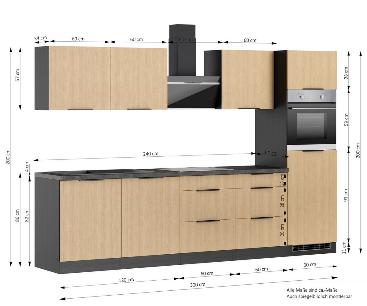 KÜCHENBLOCK 300 cm   in Graphitfarben, Eichefarben  - Eichefarben/Schwarz, Lifestyle, Holzwerkstoff/Metall (300cm) - Held