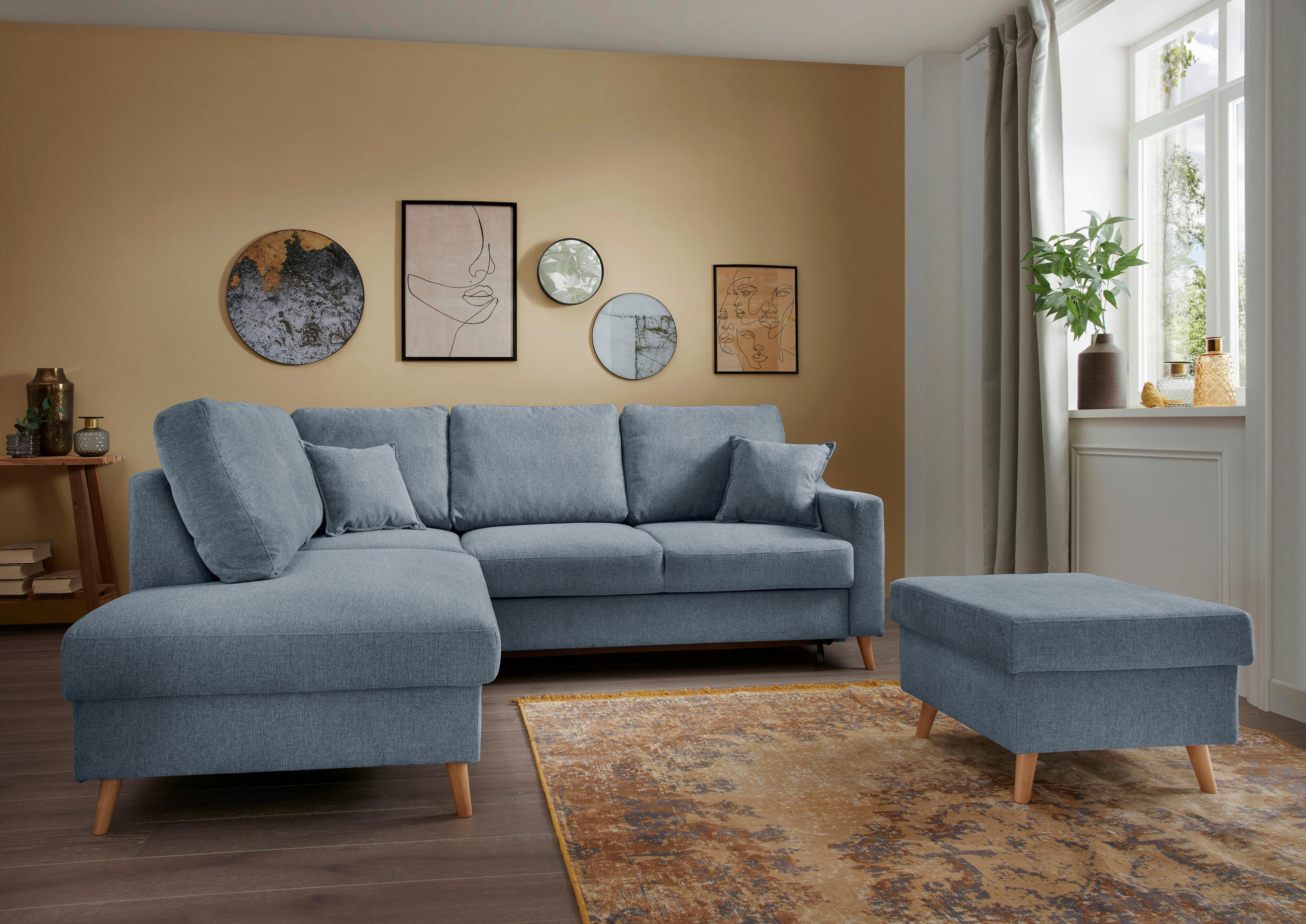 ECKSOFA in Struktur Blau  - Blau/Naturfarben, Konventionell, Holz/Textil (200/230cm) - P & B