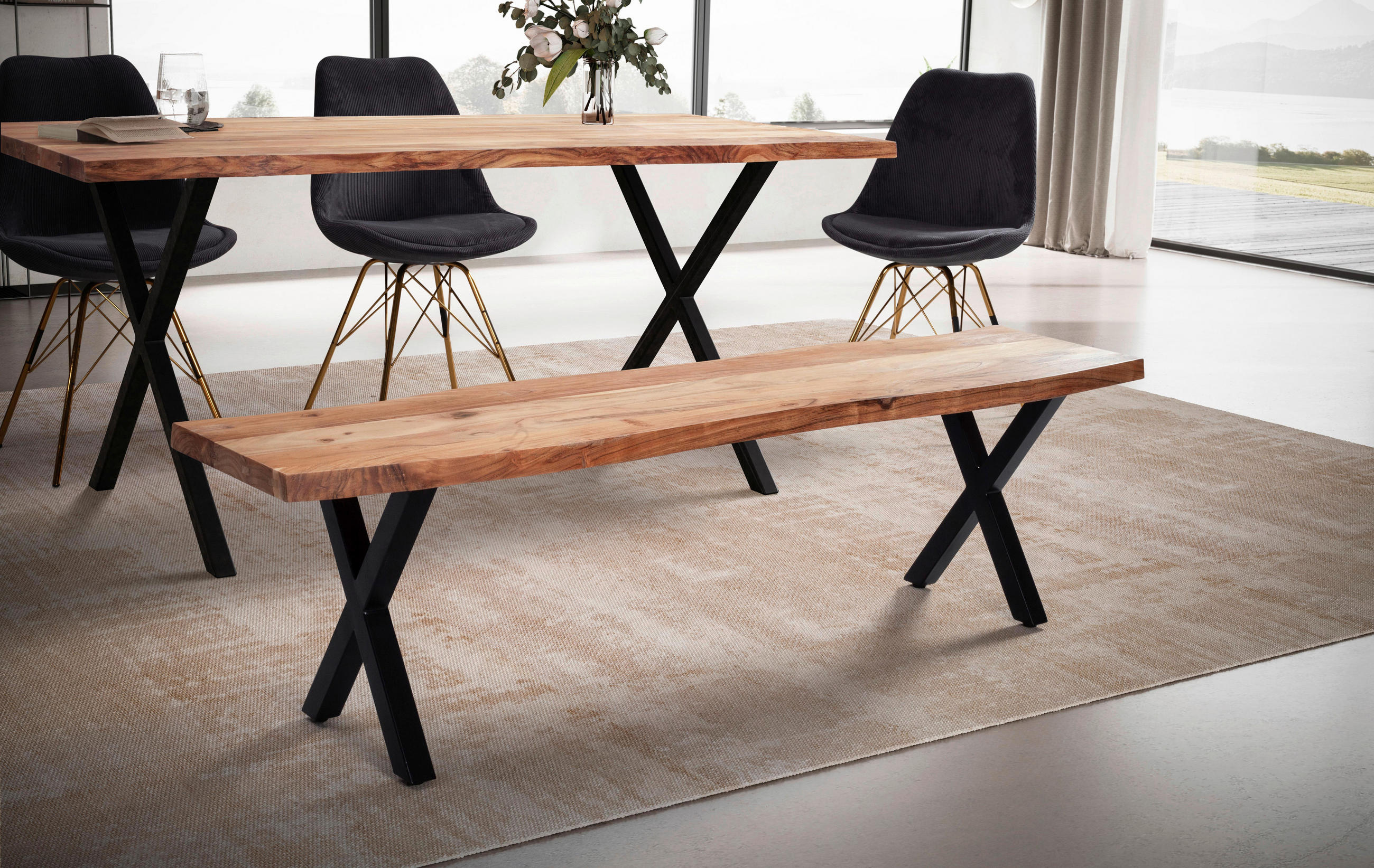 SITZBANK 180/45,5/40 cm Akaziefarben Akazie massiv Metall  - Schwarz/Akaziefarben, MODERN, Holz/Metall (180/45,5/40cm) - MID.YOU