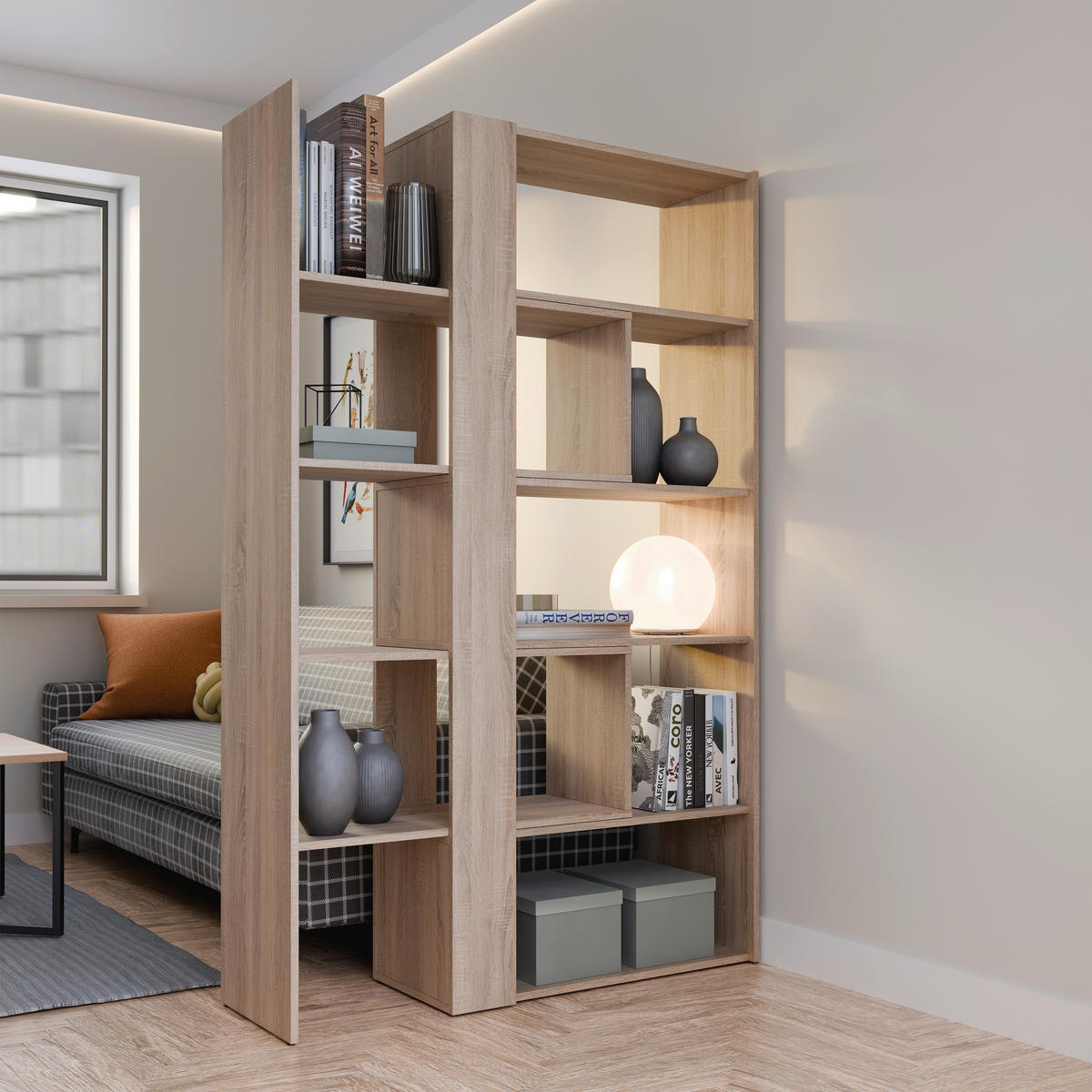 REGÁL, dub sonoma, 82-146/180/35 cm - dub sonoma, Modern, kompozitné drevo/plast (82-146/180/35cm)