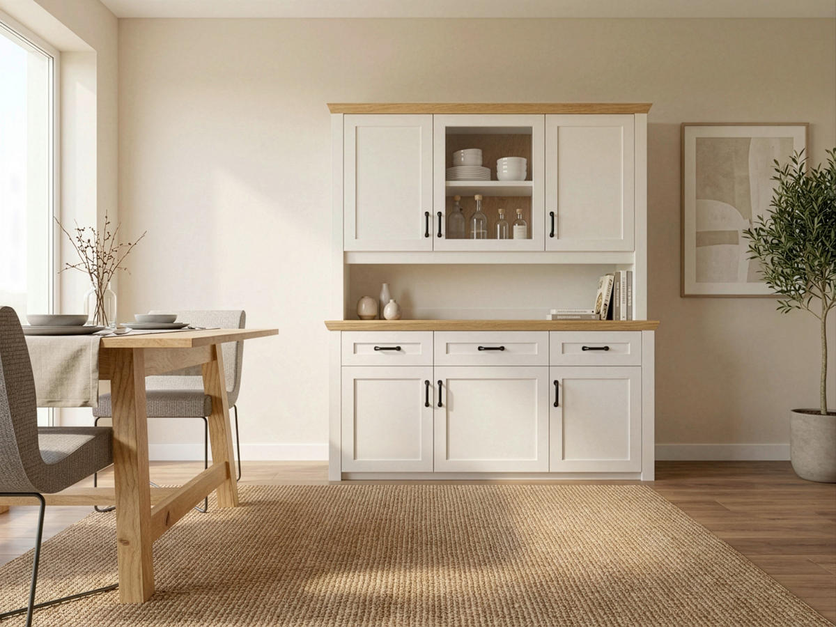BUFFET 166/185/43 cm  in Weiß, Eichefarben  - Eichefarben/Messingfarben, LIFESTYLE, Glas/Holz (166/185/43cm) - Landscape