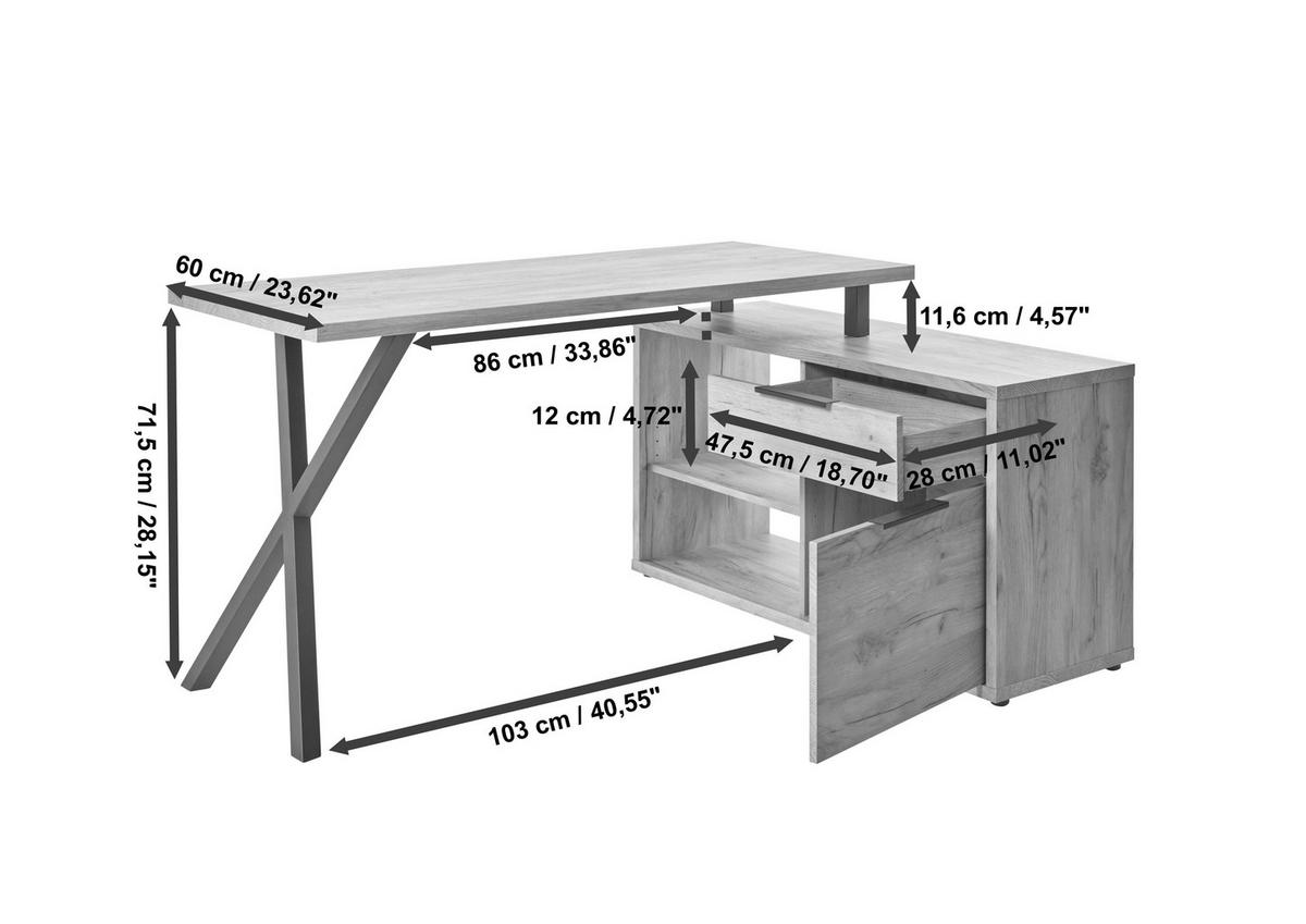 ECKSCHREIBTISCH 150/110/74 cm  in Schwarz, Eichefarben  - Eichefarben/Schwarz, MODERN, Holzwerkstoff/Metall (150/110/74cm) - MID.YOU