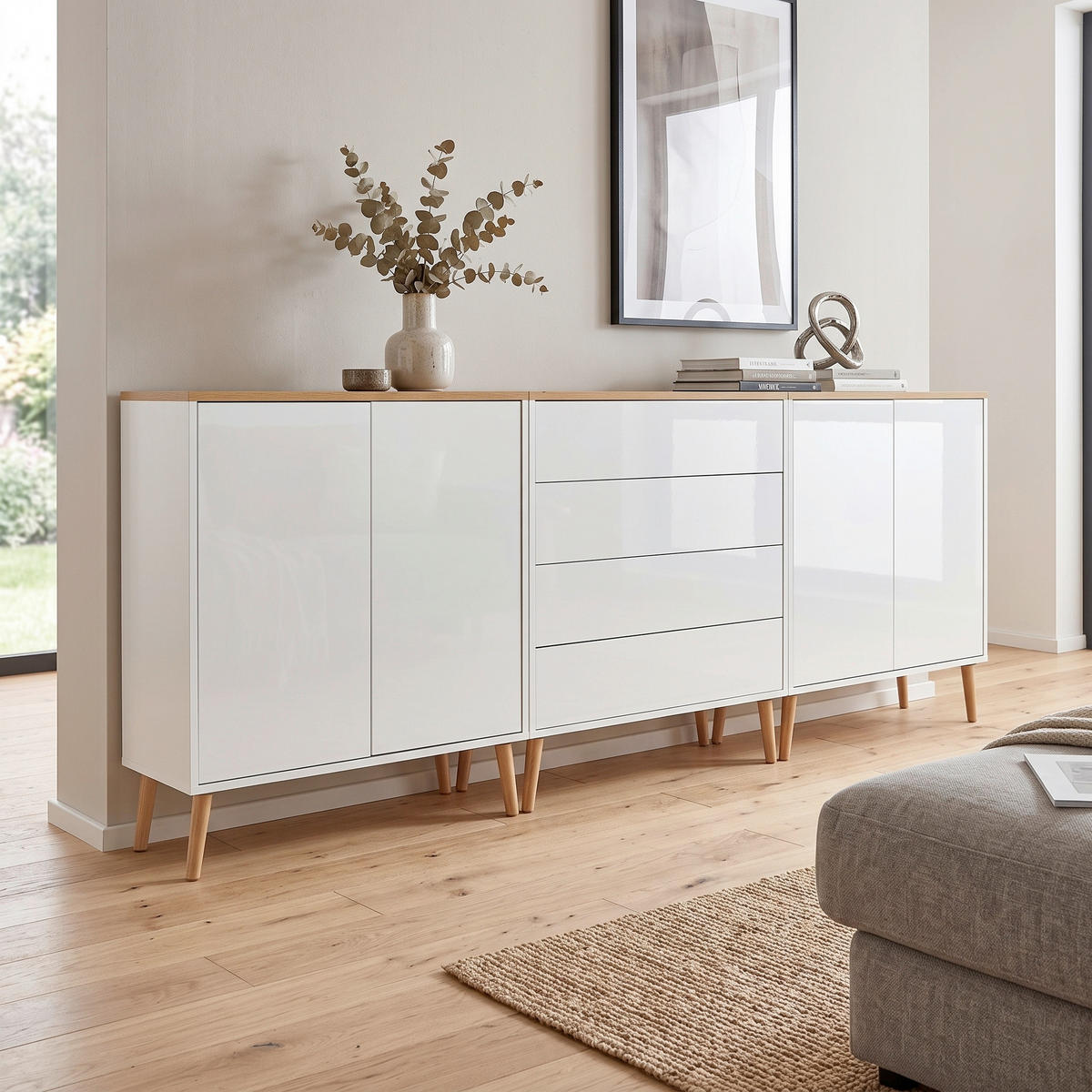 SIDEBOARD Mailand Set 5 + HF 237/86/33 cm 4 Schublade(n)  - Weiß Hochglanz/Eiche Artisan, MODERN, Holz/Holzwerkstoff (237/86/33cm) - MID.YOU