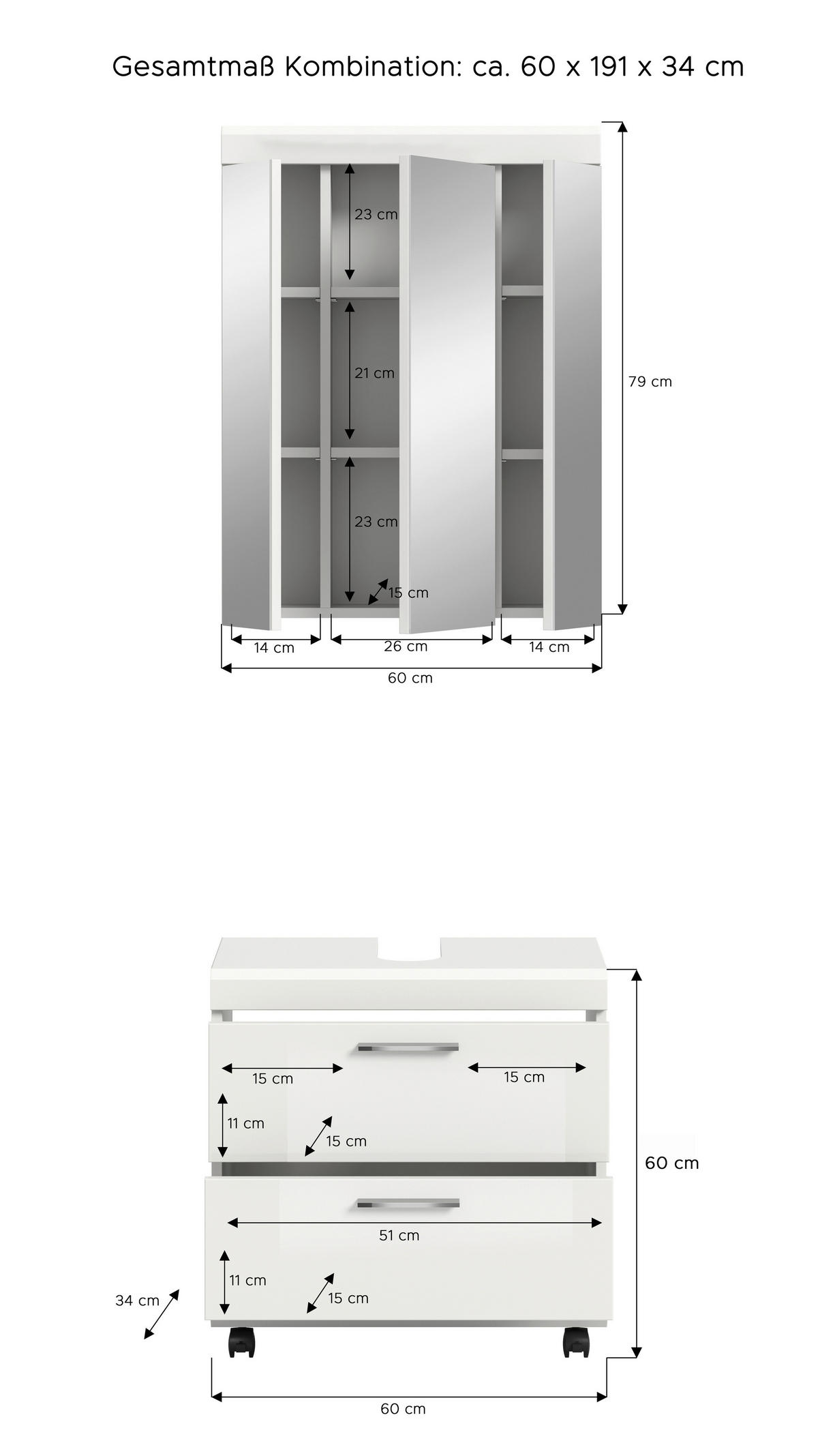 BADEZIMMER 2-teilig  in 60 cm  - Weiß Hochglanz/Silberfarben, Trend, Glas/Holzwerkstoff (60cm) - MID.YOU