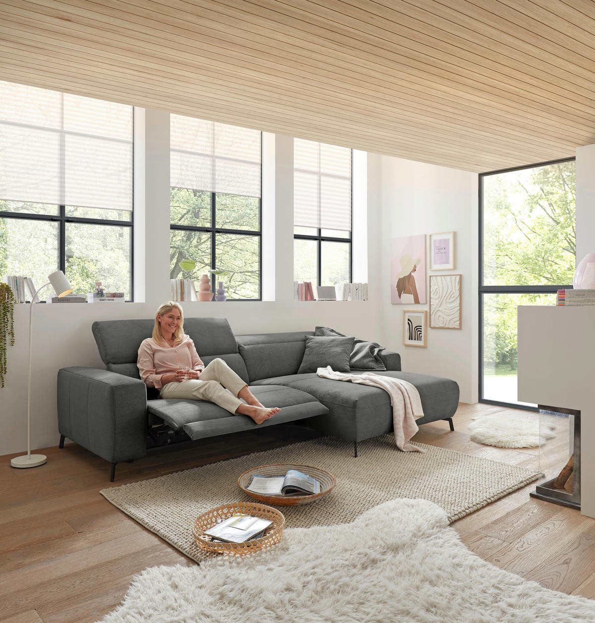 ECKSOFA in Feincord Anthrazit  - Anthrazit/Schwarz, Design, Textil/Metall (294/172-177cm) - Pure Home Lifestyle
