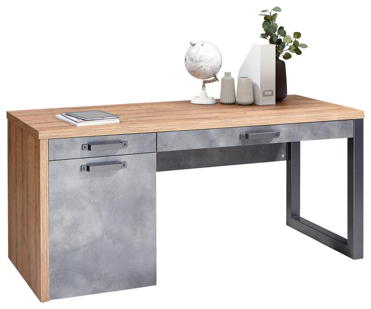 Birou in material pe bază de lemn  - culoare lemn stejar/gri, Trend, metal/material pe bază de lemn (170/69/76cm) - Stylife