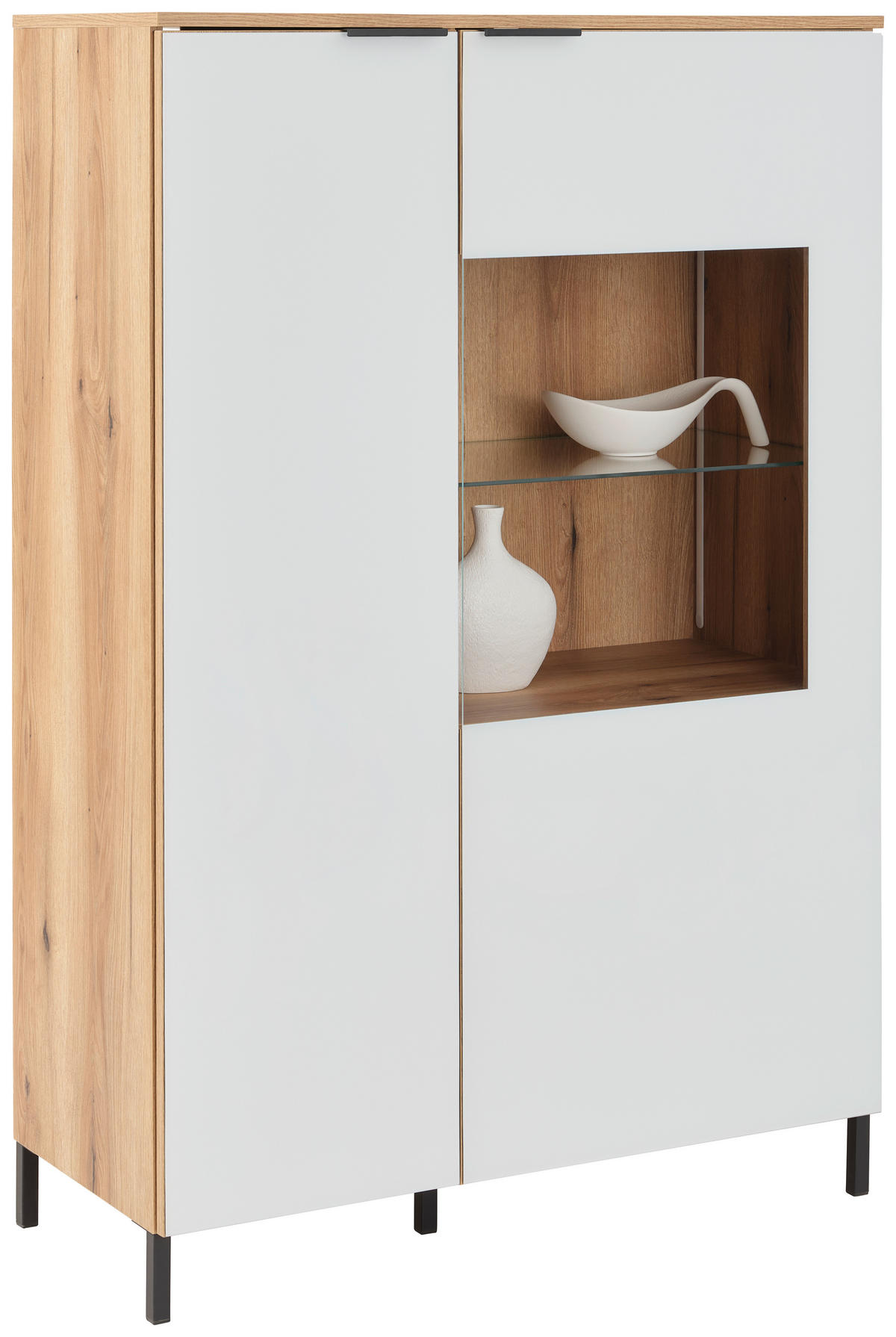 Highboard Austin 90 cm, bela, barve hrasta  - črna/barve hrasta, Trend, kovina/steklo (90/140/40cm)