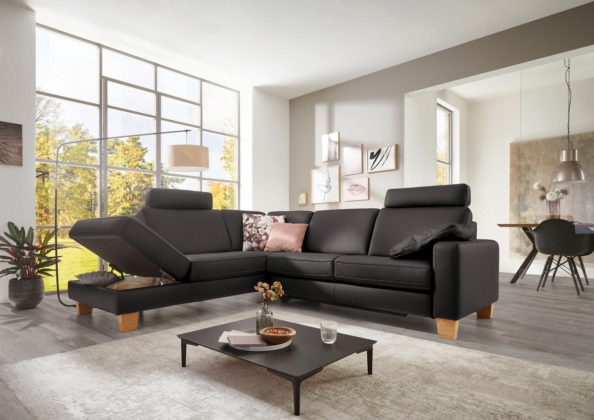 ECKSOFA in Echtleder Dunkelgrau  - Eiche Bianco/Dunkelgrau, Konventionell, Leder/Holz (235/257cm) - Valdera