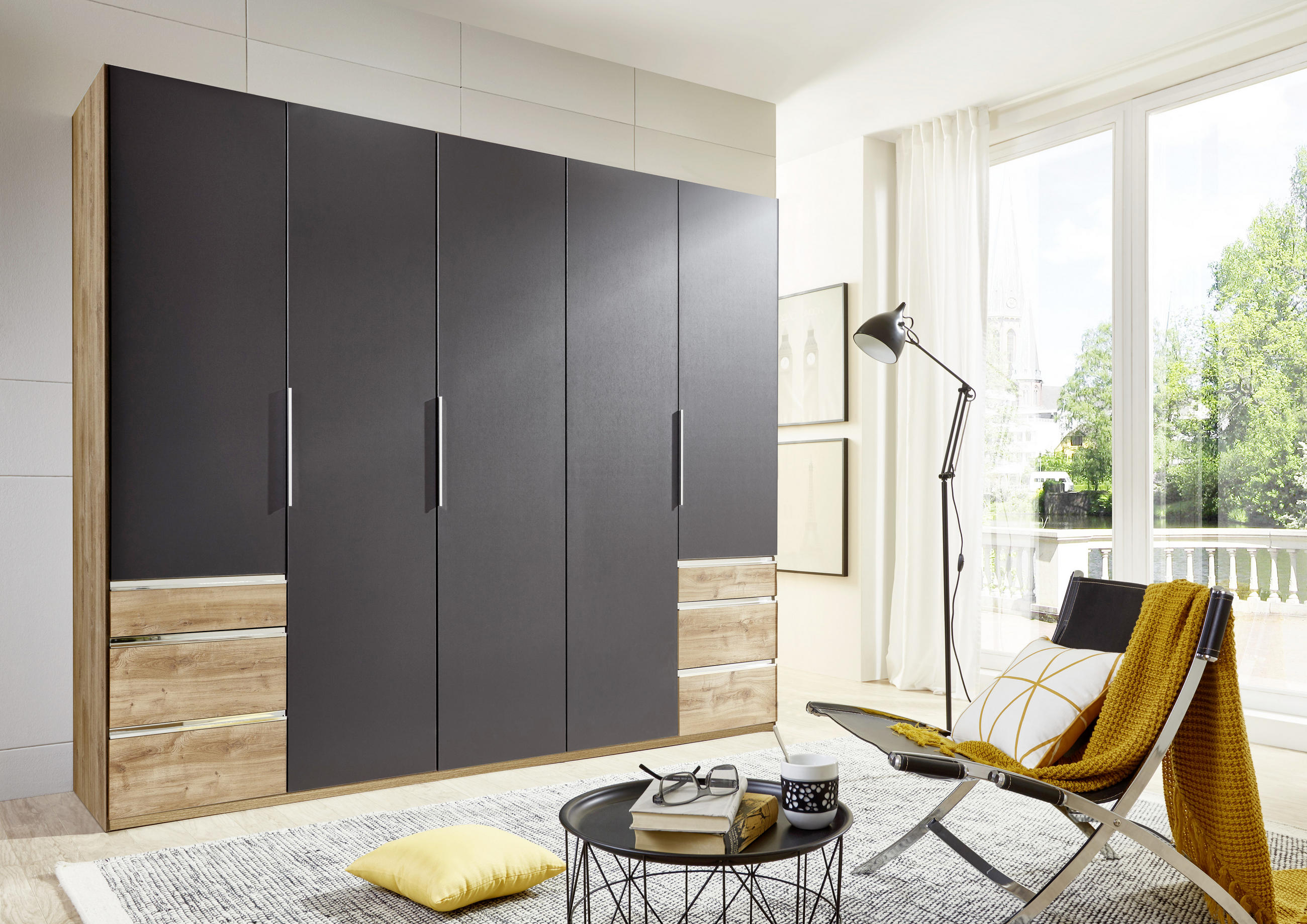 DREHTÜRENSCHRANK in Graphitfarben, Eichefarben  - Chromfarben/Eichefarben, Modern, Holzwerkstoff/Kunststoff (250/216/58cm) - MID.YOU
