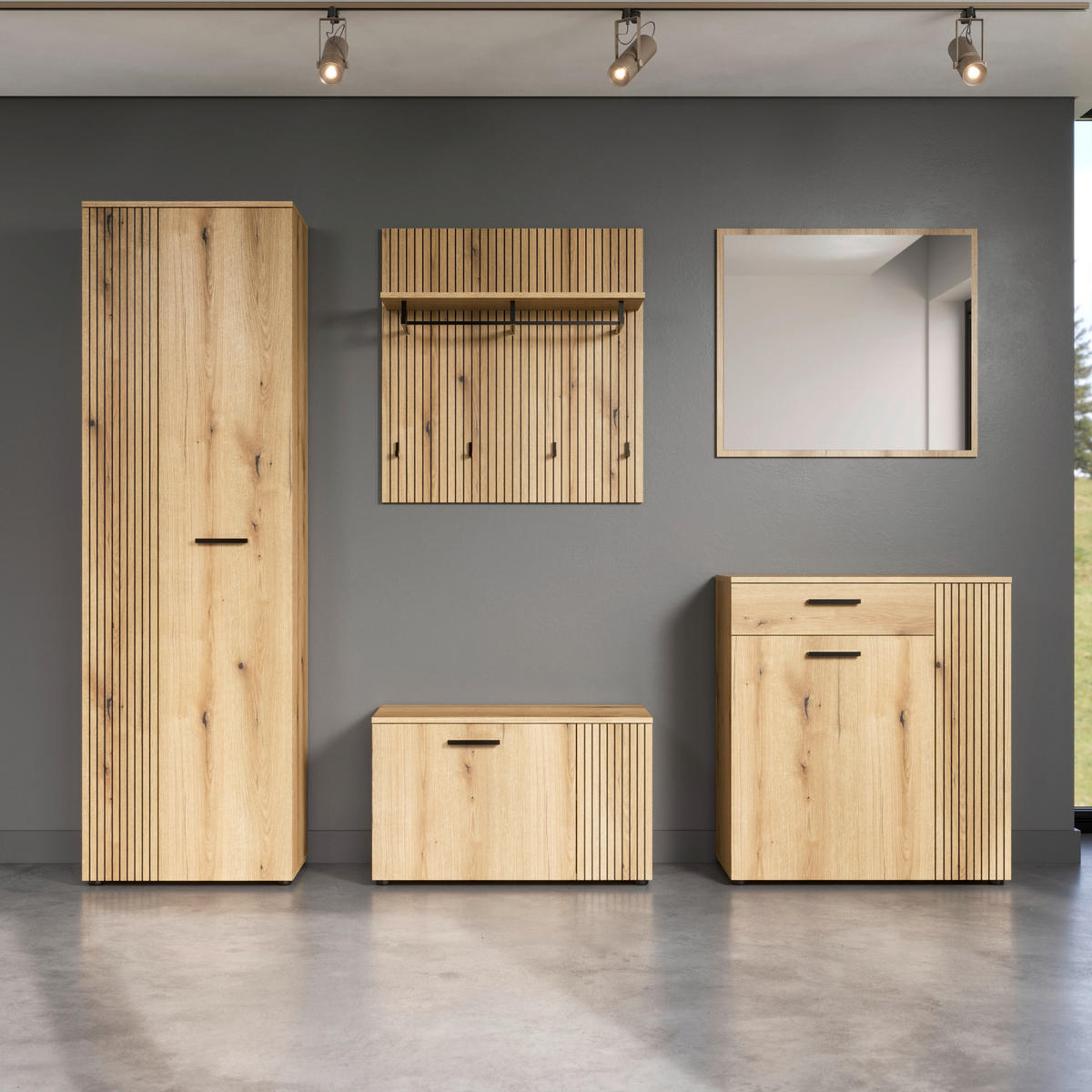 GARDEROBE 5-teilig  in 250/196/36 cm  - Eichefarben/Schwarz, Basics, Holzwerkstoff (250/196/36cm) - MID.YOU