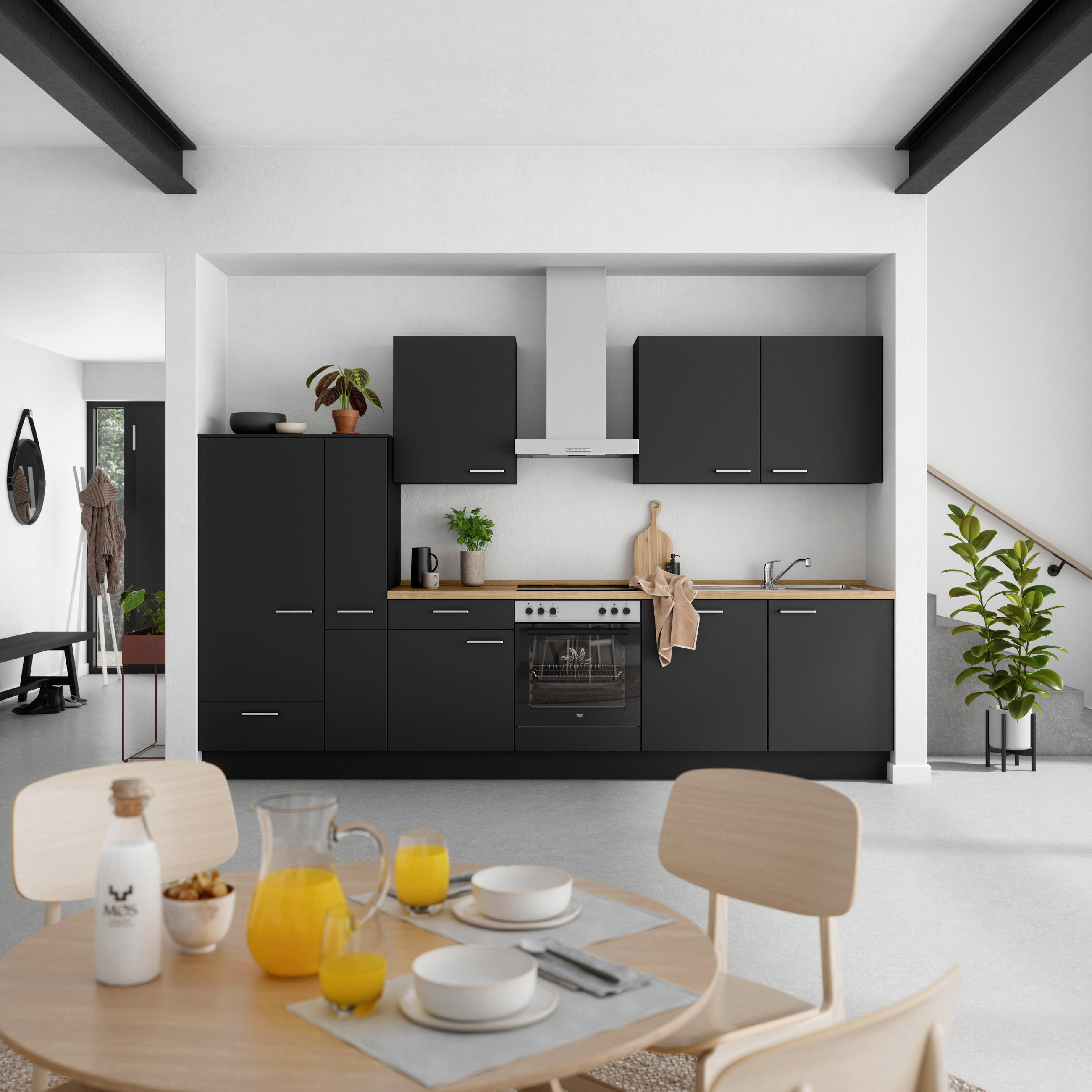 KÜCHENBLOCK 330 cm   in Schwarz, Eichefarben  - Edelstahlfarben/Eichefarben, MODERN, Holzwerkstoff/Metall (330cm) - Nobilia