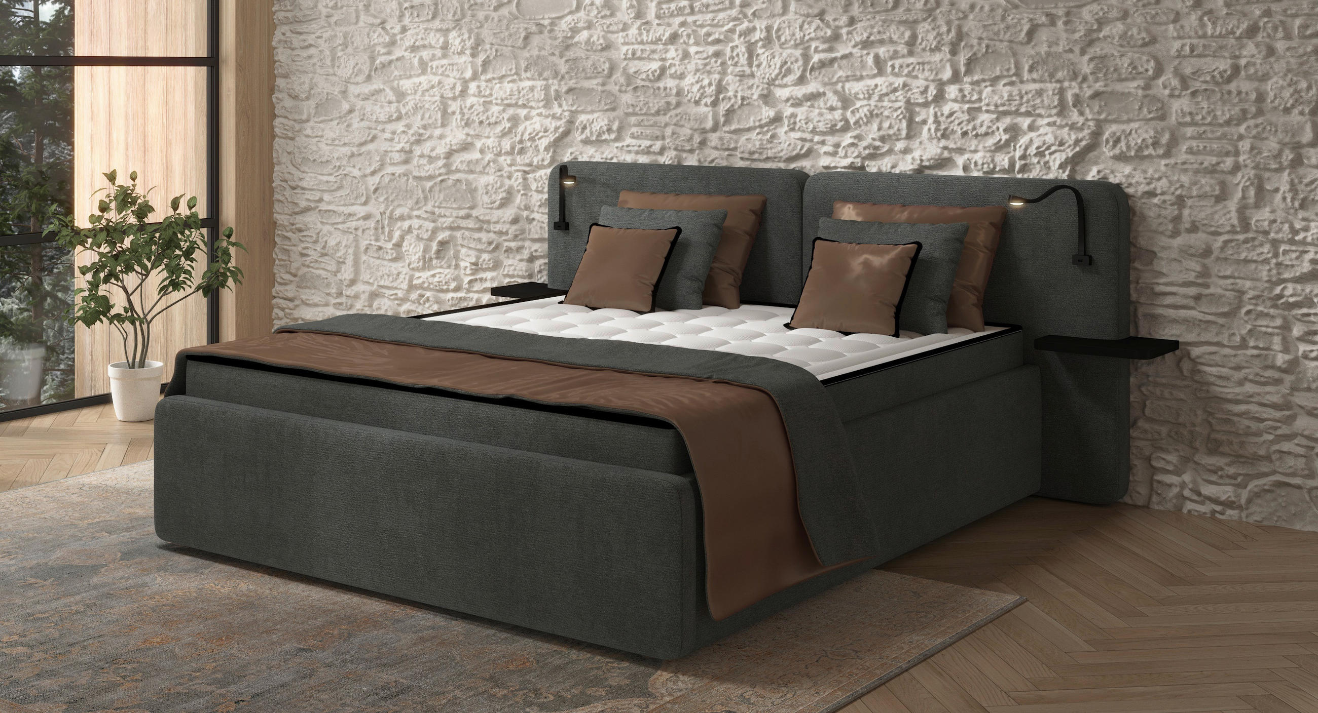 POLSTERBETT 160/200 cm,  in Dunkelgrau, gepolstertes Kopfteil, Beleuchtung, Lattenrost, H2 + H3 = mittel + fest  - Dunkelgrau/Schwarz, MODERN, Kunststoff/Textil (160/200cm) - Chameo