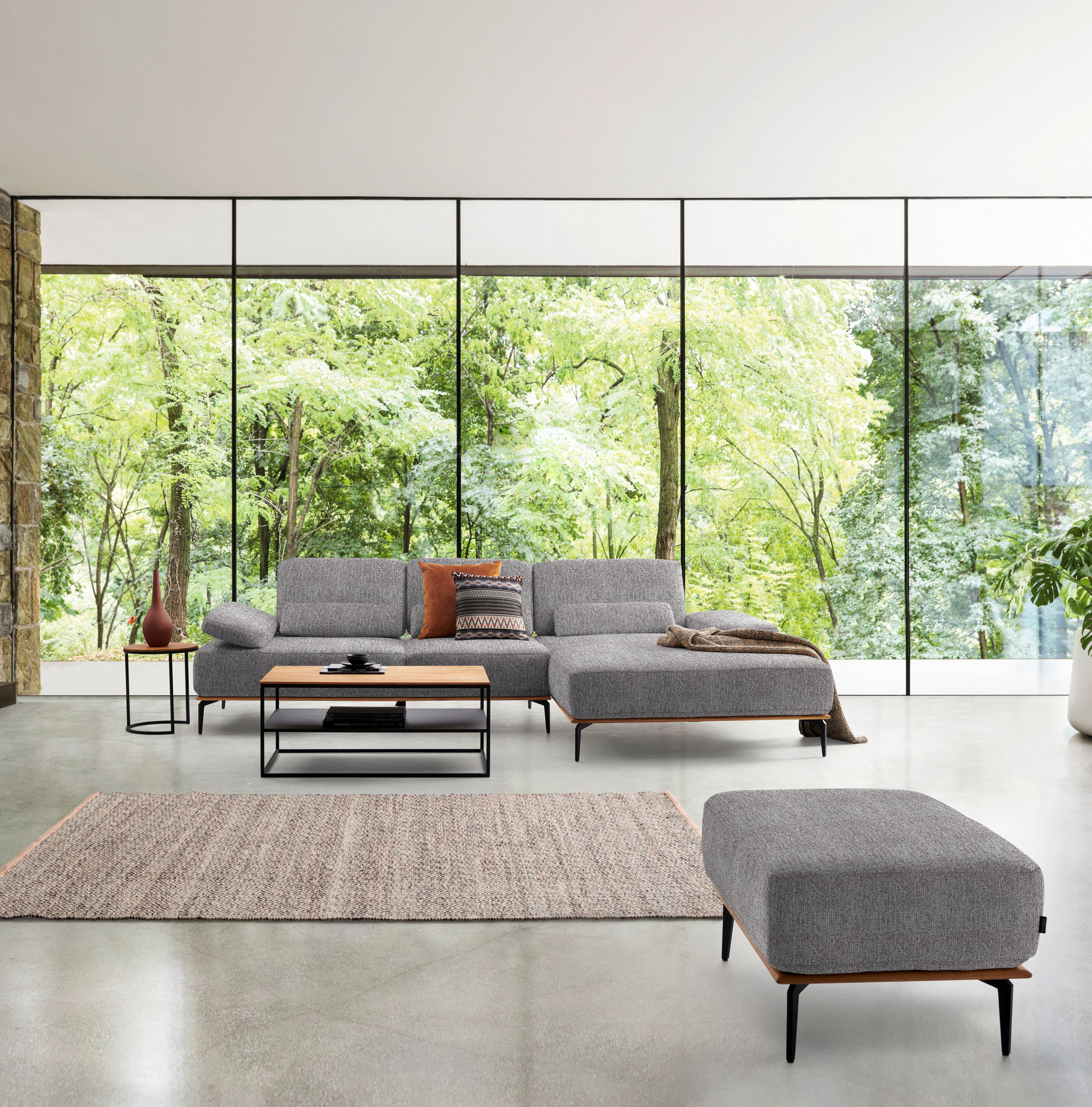 ECKSOFA in Flachgewebe Hellgrau  - Hellgrau/Schwarz, Natur, Holz/Textil (314/176cm) - Valnatura