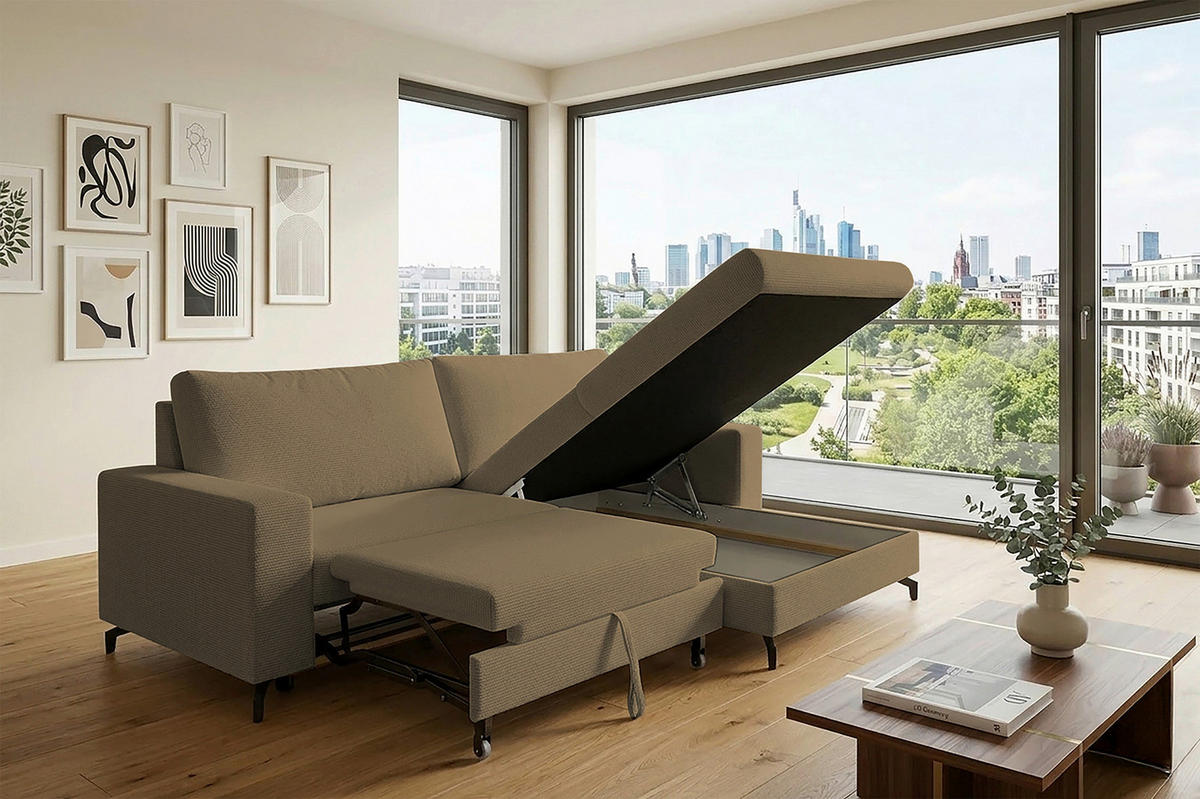 ECKSOFA CLARA Hellbraun Rückenkissen, Bettkasten, Liegefläche im Originalstoff  - Hellbraun, MODERN, Textil (240/177cm) - P & B