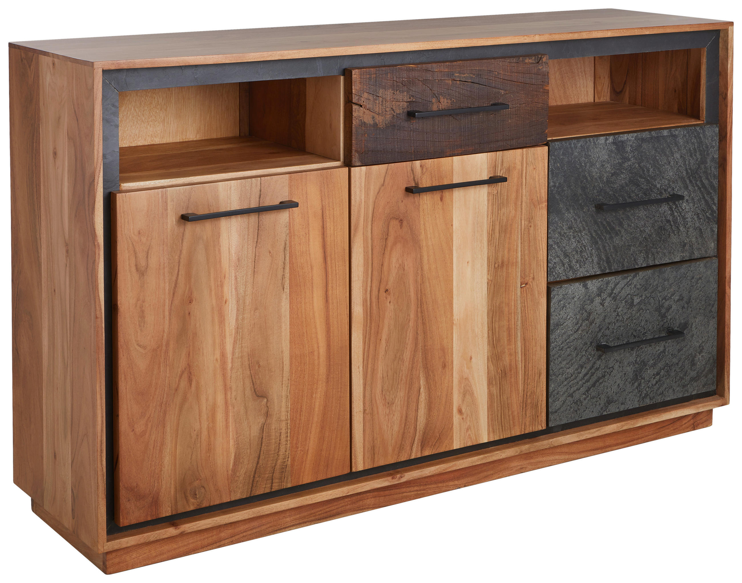 SIDEBOARD Akazie, Recyclingholz furniert, massiv Braun, Akaziefarben, Dunkelgrau Einlegeboden  - Dunkelgrau/Schwarz, Design, Holz/Metall (145/88/40cm) - Landscape