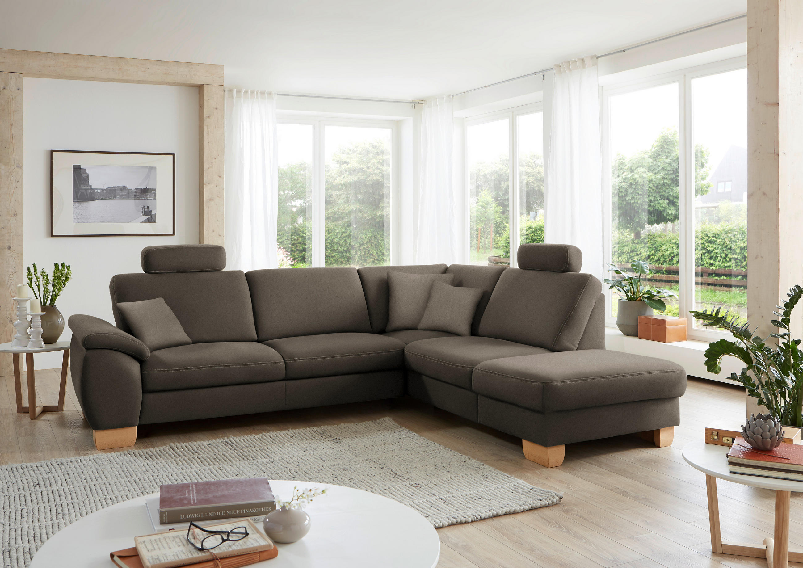 ECKSOFA in Mikrofaser Graubraun  - Wildeiche/Graubraun, Natur, Holz/Textil (286/236cm) - Voleo
