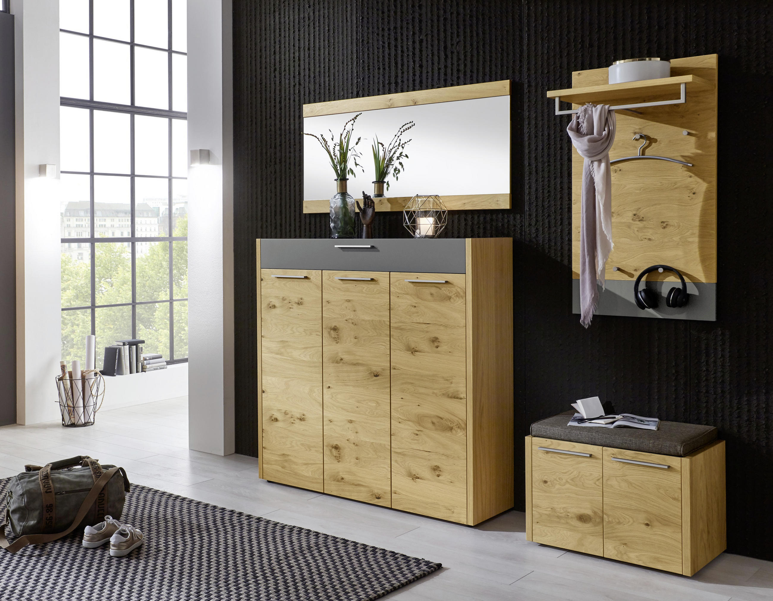 GARDEROBE Anthrazit, Grau, Eichefarben - Eichefarben/Anthrazit, Design, Glas/Holz (205/195/41cm)