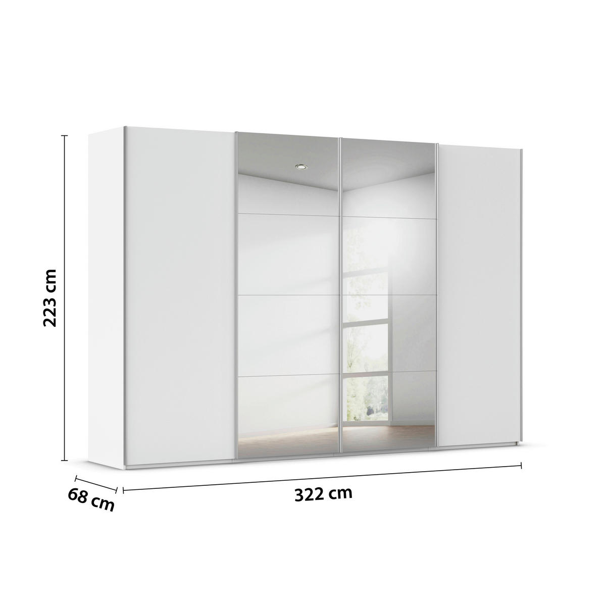 SCHWEBETÜRENSCHRANK 322/223/68 cm 4-türig Weiß, Weiß Hochglanz  - Weiß Hochglanz/Alufarben, Basics, Glas/Holzwerkstoff (322/223/68cm) - Novel