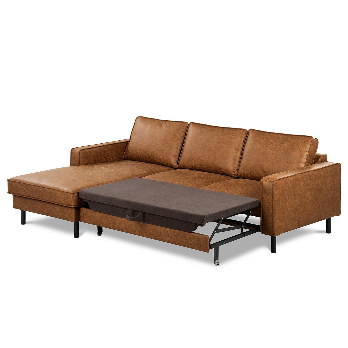 ECKSOFA Hellbraun Echtleder Lederlook Bettkasten, Schlaffunktion, Rücken echt  - Hellbraun/Schwarz, Design, Leder/Textil (166/238cm) - Livetastic