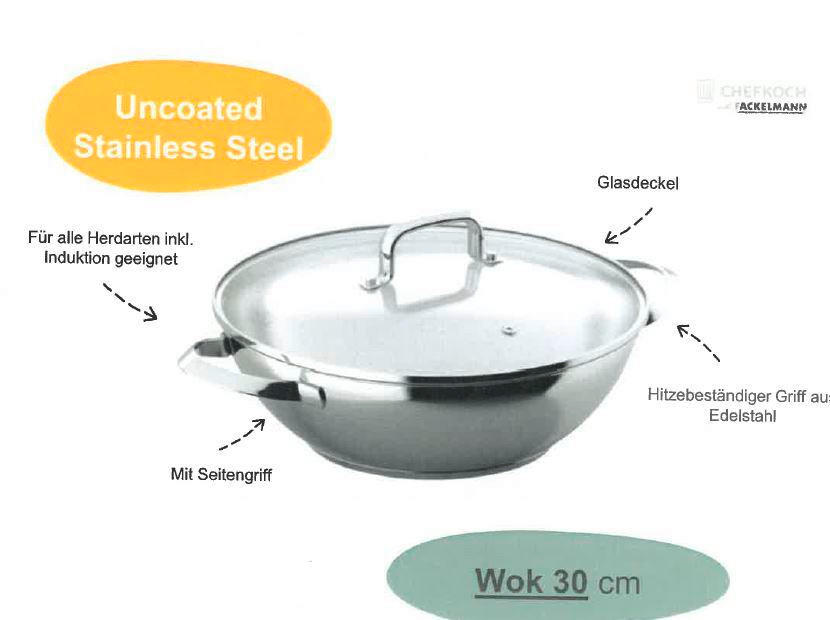 WOKPFANNE Rosenheim 30 cm  - Klar/Edelstahlfarben, Basics, Glas/Metall (30cm) - Chefkoch+Fackelmann