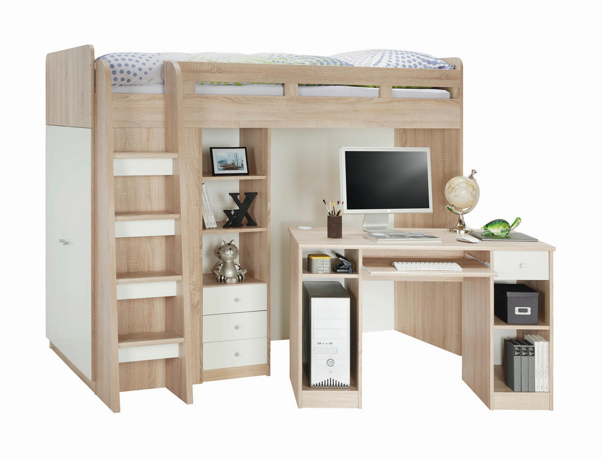 LOFTSÄNG 90/200 cm  - vit/ekfärgad, Modern, trämaterial (90/200cm) - MID.YOU