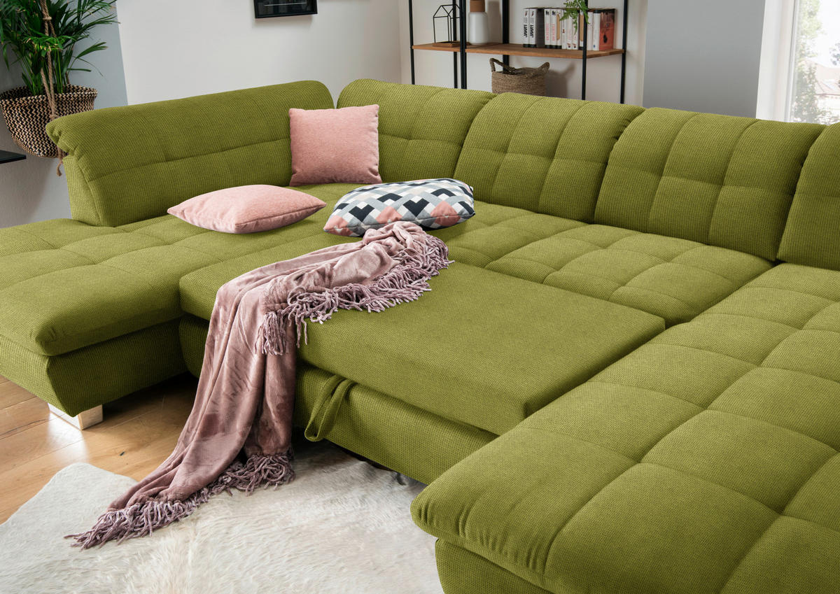 WOHNLANDSCHAFT in Mikrofaser Hellgrün  - Chromfarben/Hellgrün, Design, Kunststoff/Textil (211/350/204cm) - Xora