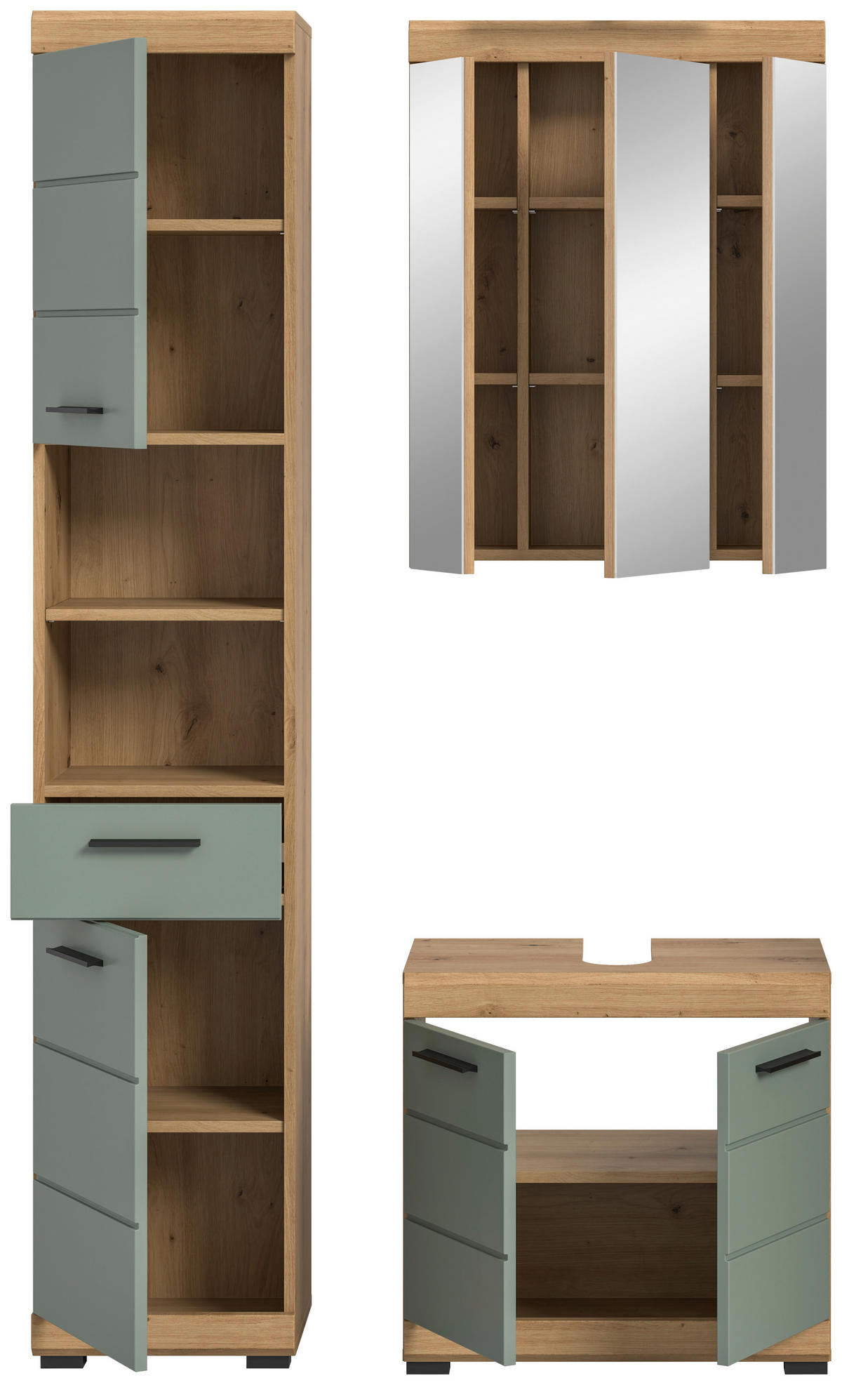 BADEZIMMER 3-teilig  in 97 cm  - Salbeigrün/Eichefarben, MODERN, Glas/Holzwerkstoff (97cm) - MID.YOU
