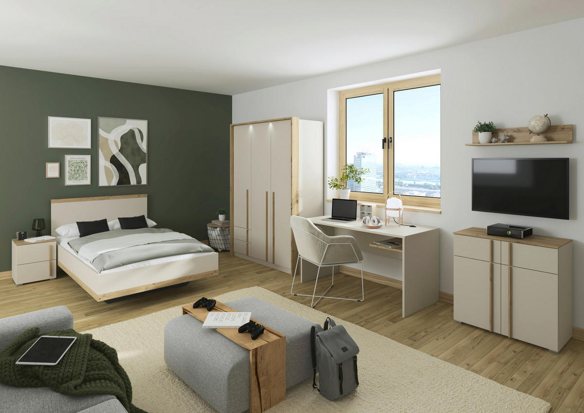 DREHTÜRENSCHRANK Champagner, Eiche Artisan  - Champagner/Eiche Artisan, Konventionell, Holz/Holzwerkstoff (136/197/54cm) - Stylife