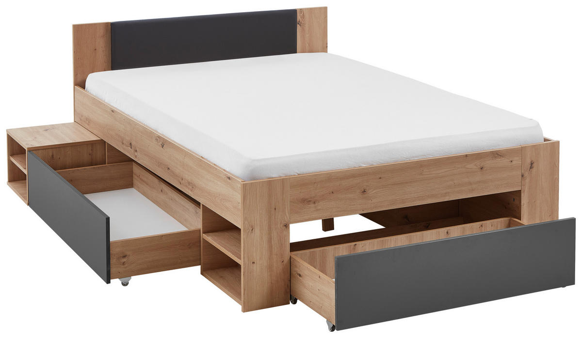 STAURAUMBETT 120/200 cm  in Graphitfarben, Eiche Artisan  - Graphitfarben/Eiche Artisan, KONVENTIONELL, Holzwerkstoff (120/200cm) - Boxxx