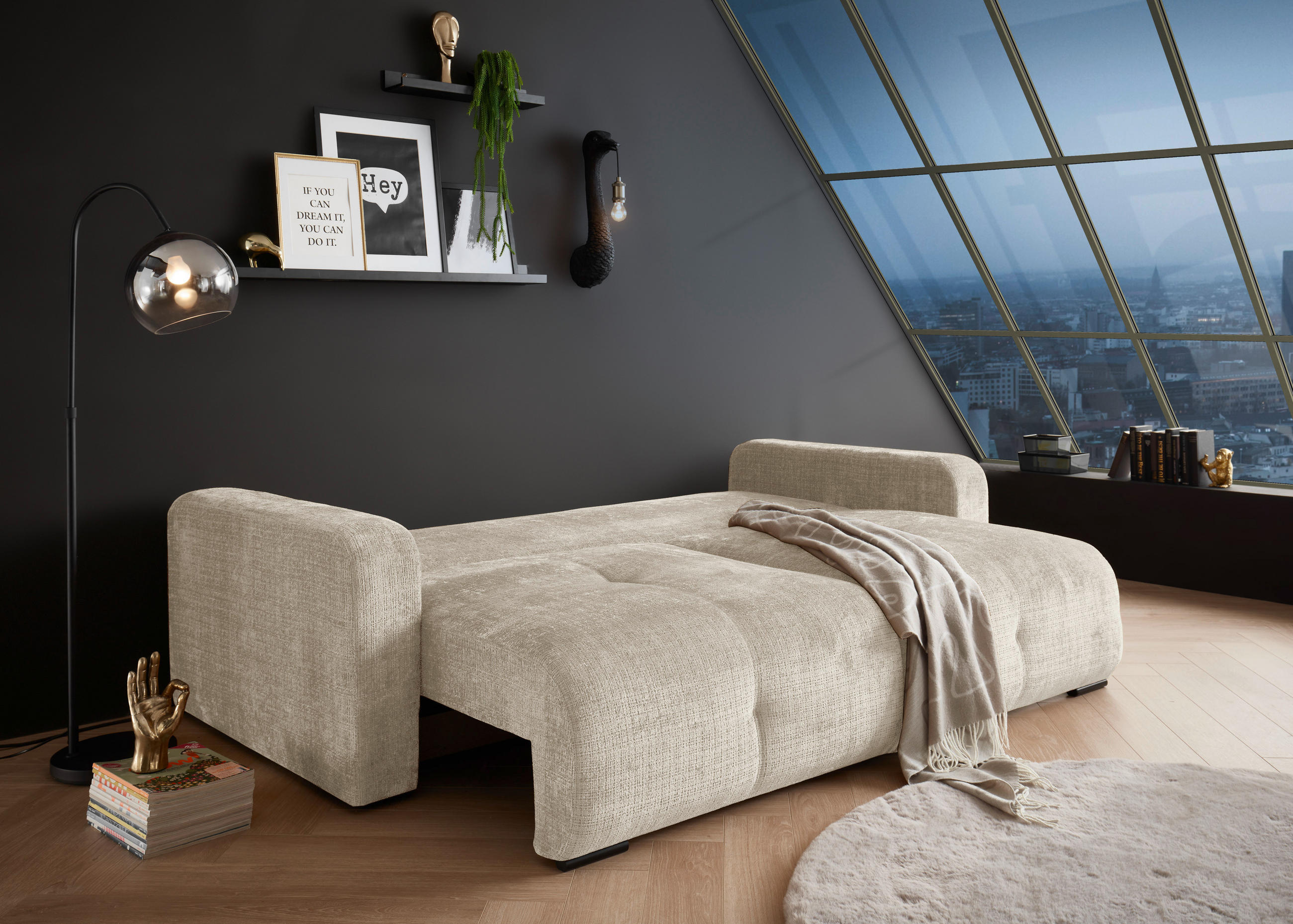 SCHLAFSOFA in Chenille Beige  - Beige/Schwarz, KONVENTIONELL, Kunststoff/Textil (235/88/120cm) - MID.YOU