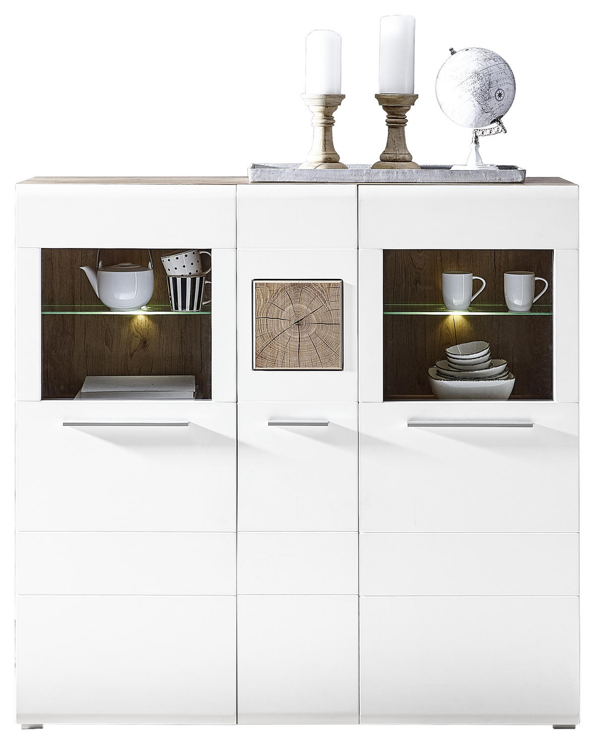 VISOKA KOMODA   140/135/37 cm   bela, boja hrasta  - boja hroma/boja hrasta, Konvencionalno, staklo/drvo (140/135/37cm) - Hom`in