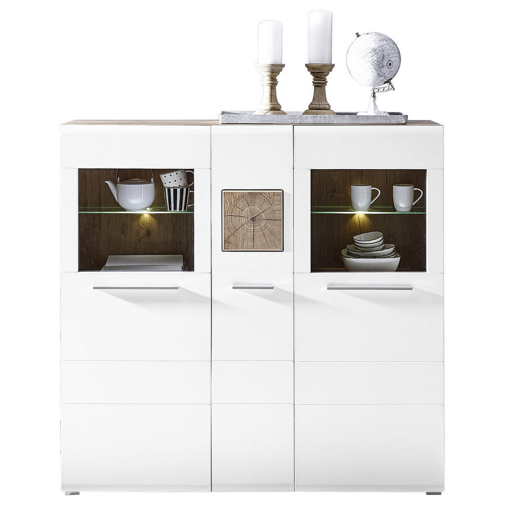 Thumbnail - Hom`in Highboard, Weiß, Eiche, Holz, Glas, 9 Fächer, 140x135x37 cm, Typenauswahl, Beimöbel erhältlich, Wohnzimmer, Kommo...