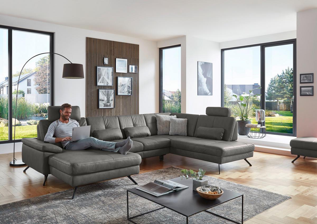 WOHNLANDSCHAFT in Lederlook, Mikrofaser Dunkelgrau  - Dunkelgrau/Schwarz, Design, Textil/Metall (179/343/220cm) - Beldomo System