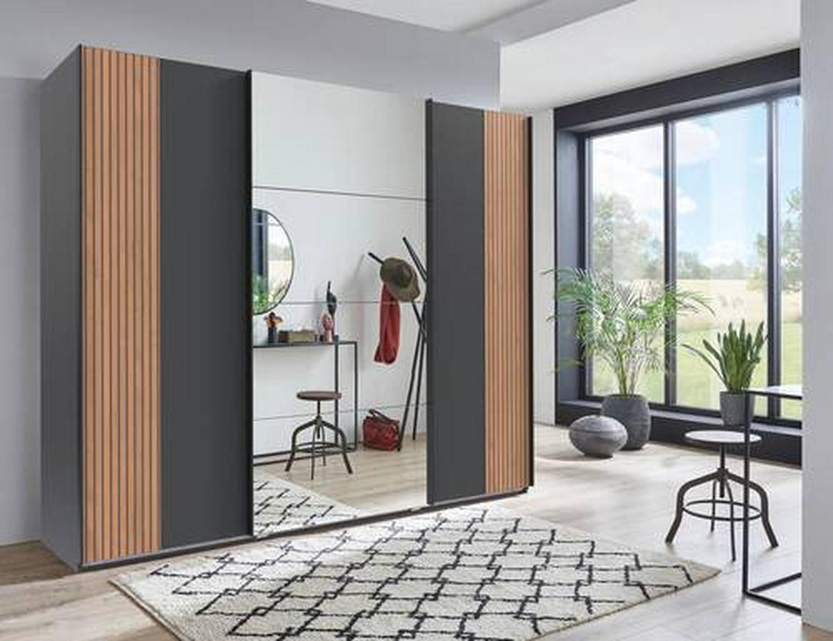GARDEROB MED SKJUTDÖRRAR 225/208/64 cm 3-dörrar - grafitfärgad/ek Artisan, Trend, metall/trämaterial (225/208/64cm) - Carryhome