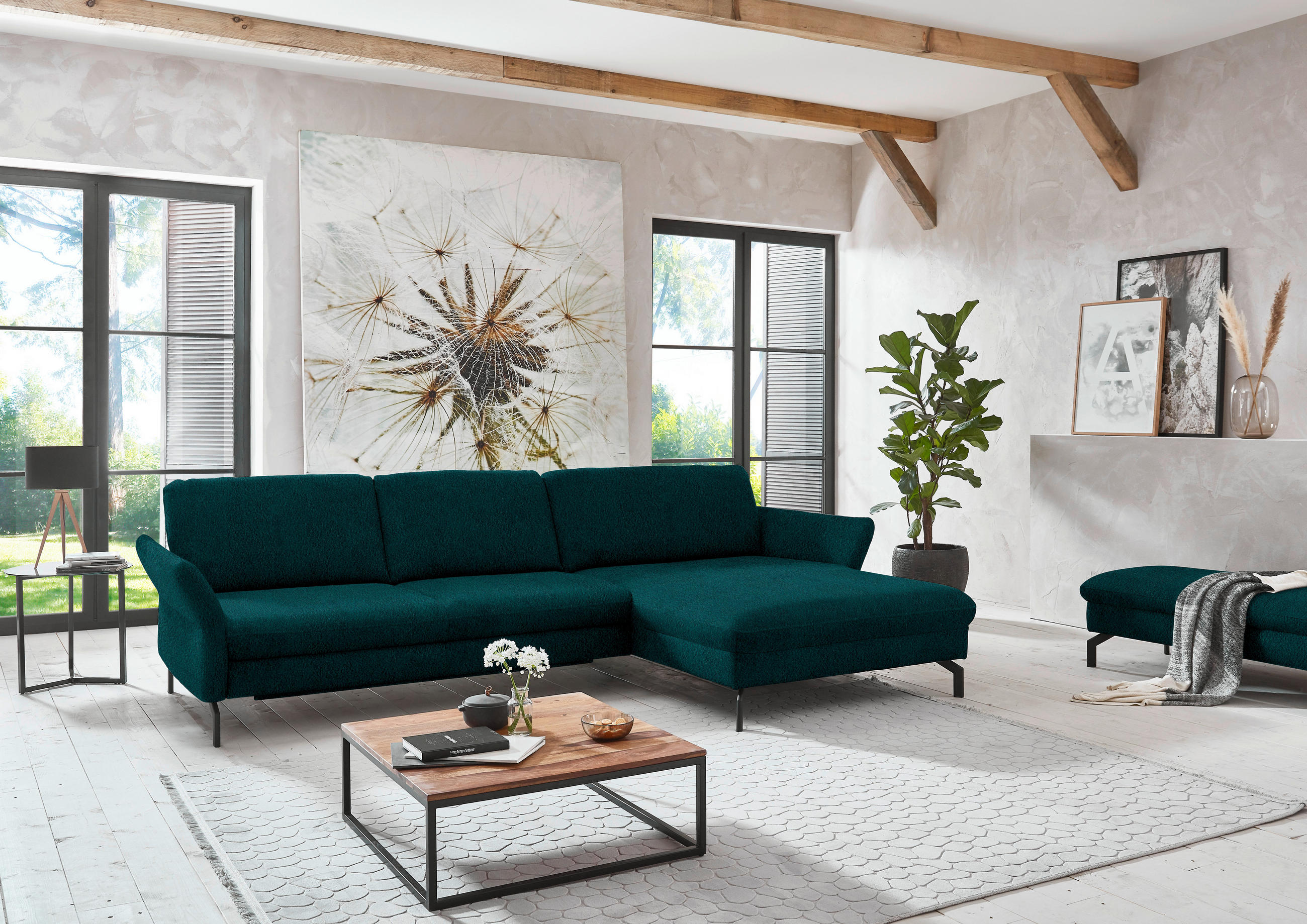 ECKSOFA in Velours Petrol  - Petrol/Schwarz, Design, Textil/Metall (306/179cm) - Beldomo System
