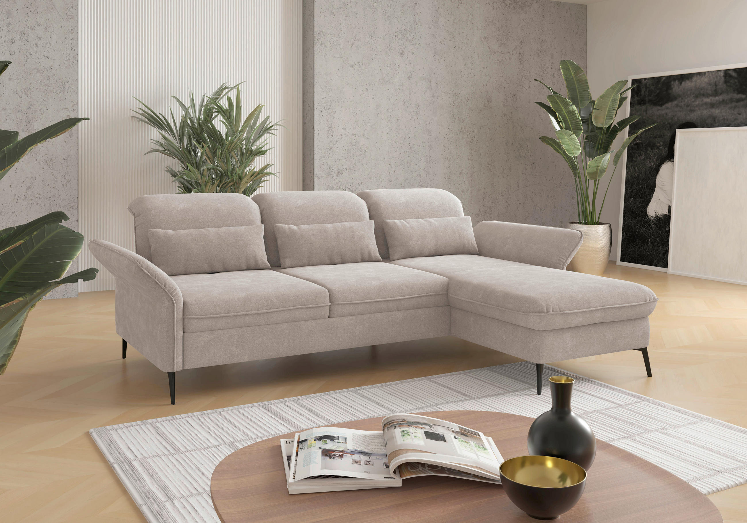 ECKSOFA Greige Flachgewebe  - Greige/Schwarz, KONVENTIONELL, Textil/Metall (264/198cm) - Sit & More