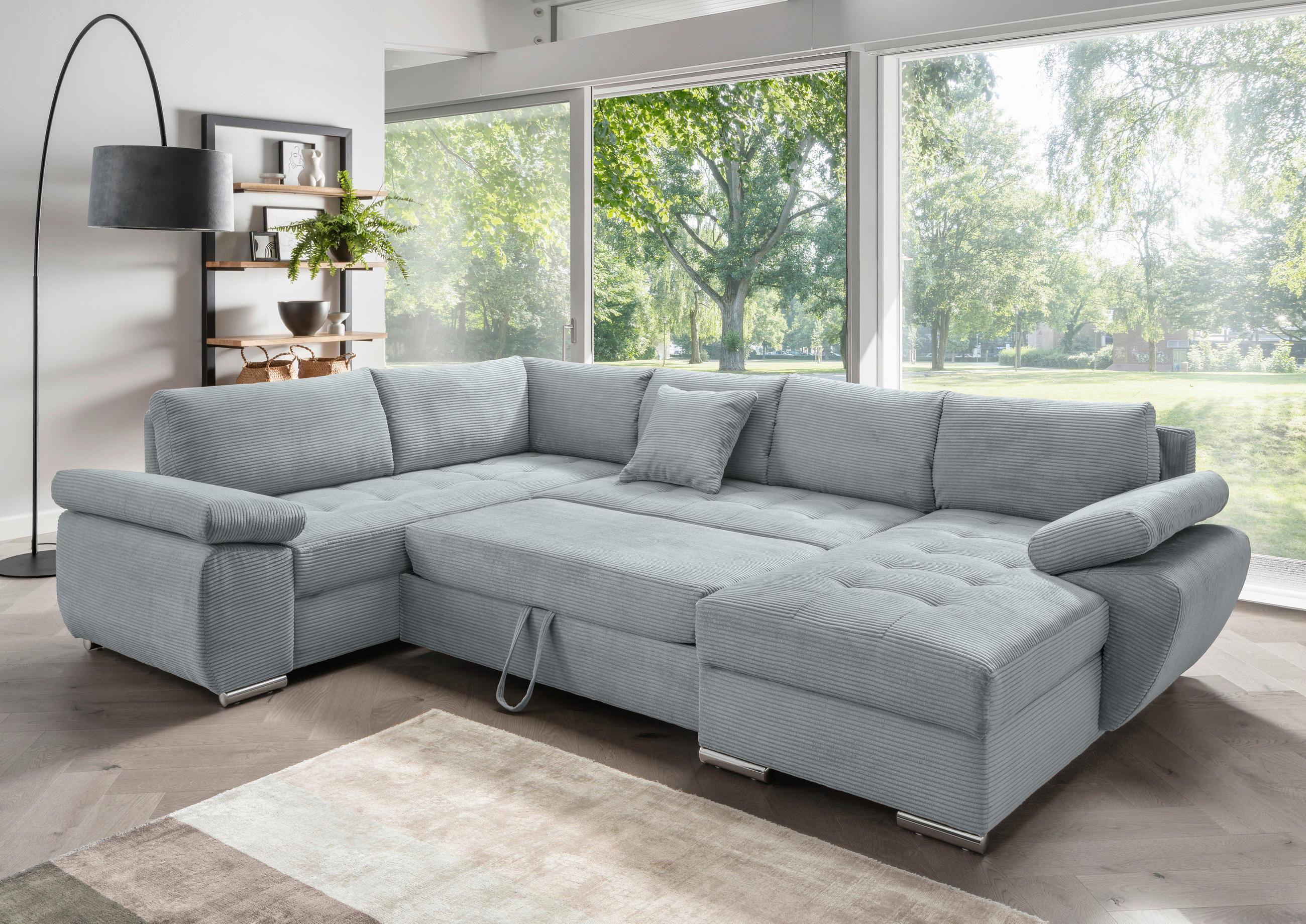 Wohnlandschaft in Cord Hellblau  - Chromfarben/Hellblau, KONVENTIONELL, Textil/Metall (219/305/157cm) - Livetastic