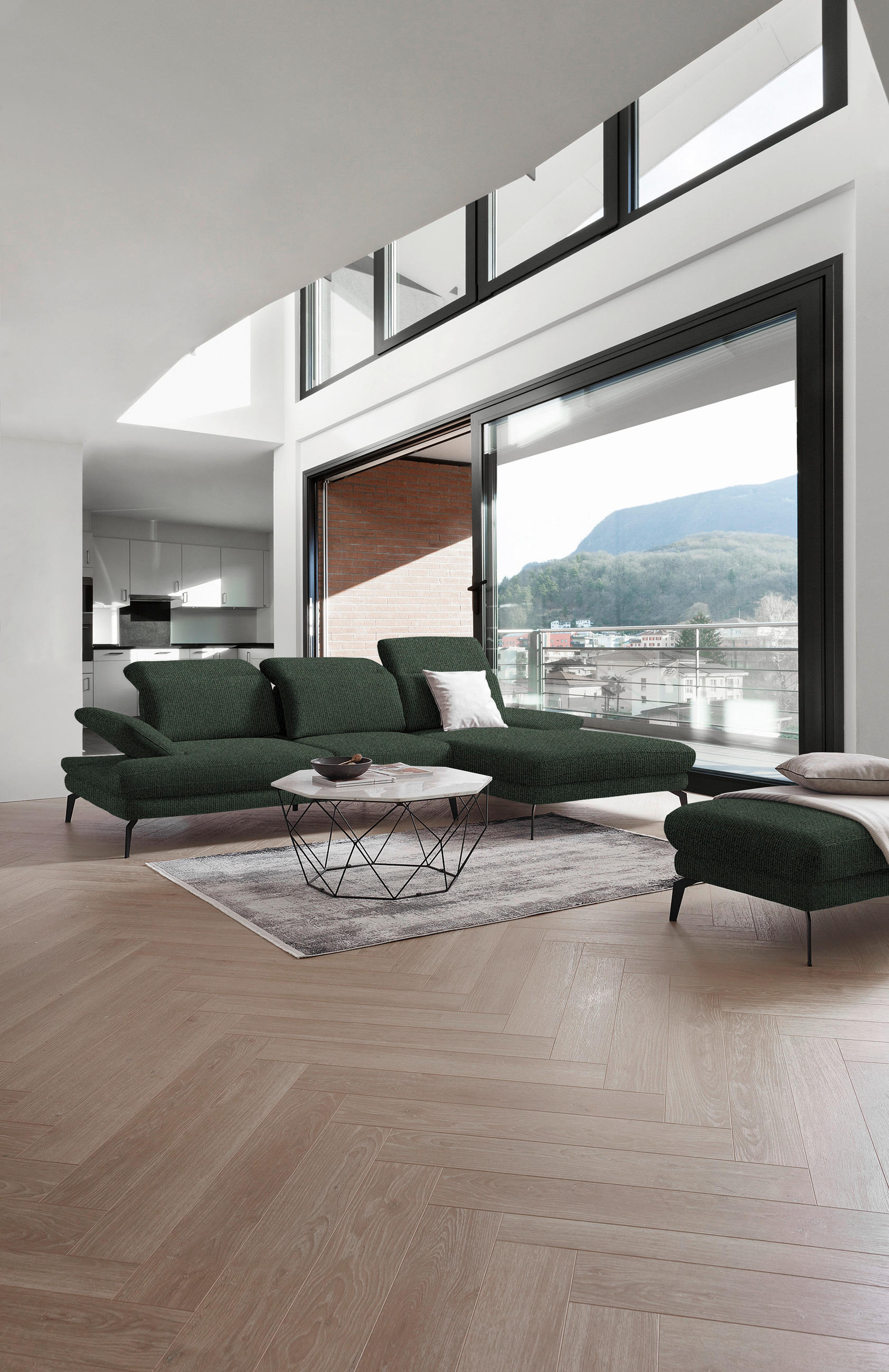 ECKSOFA in Webstoff Grün  - Schwarz/Grün, Design, Textil/Metall (289/180cm) - Stylife