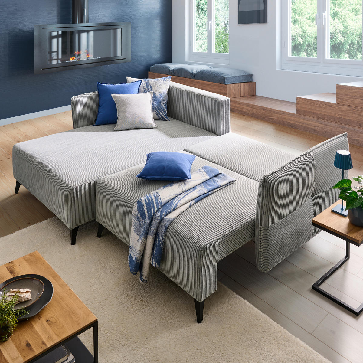 ECKSOFA in Cord Grau  175/254 cm  - Schwarz/Grau, Design, Textil/Metall (175/254cm) - Stylife