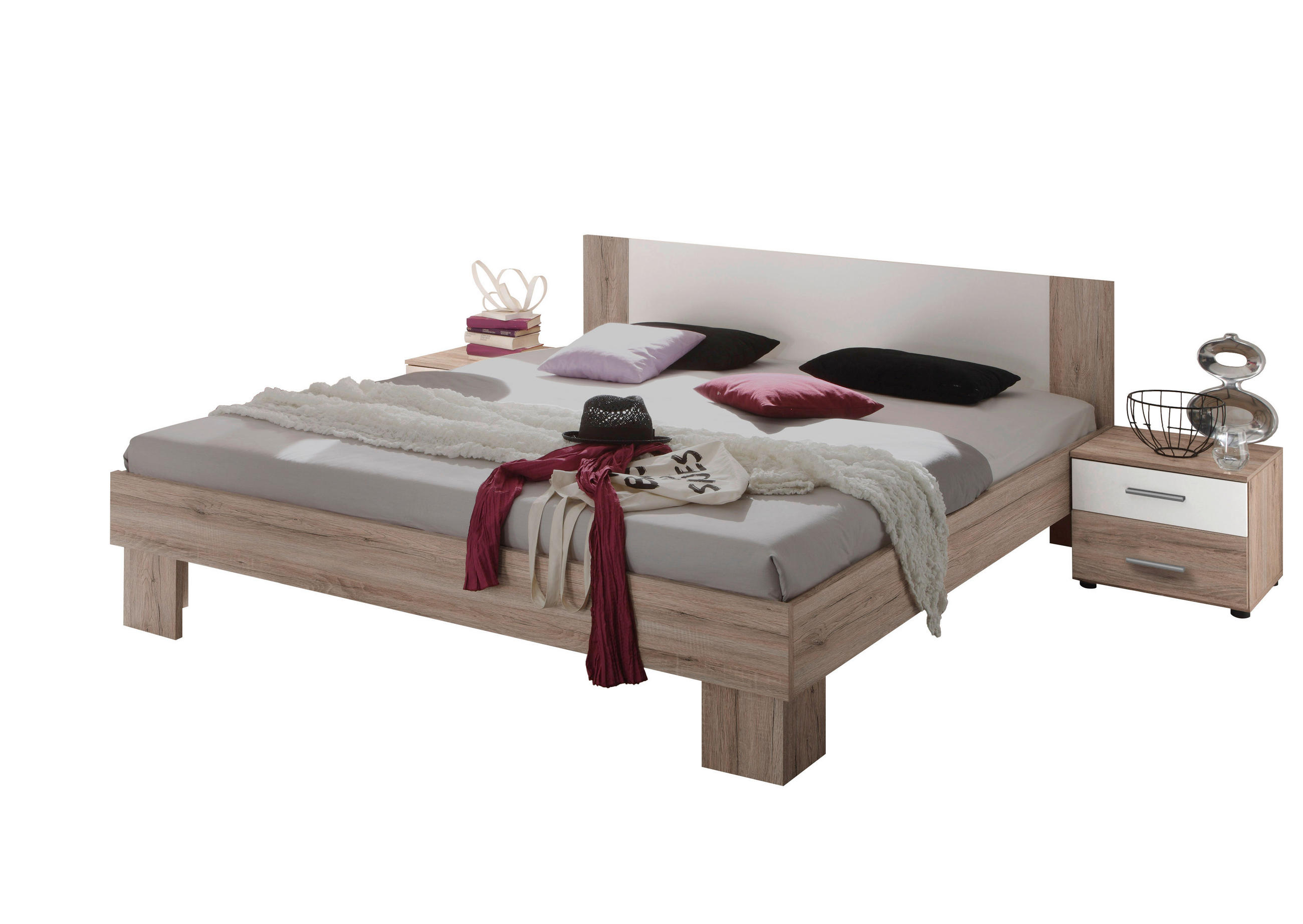 SET KREVETA I NOĆNIH ORMARIĆA   180/200 cm   bijela, hrast San Remo  - bijela/hrast San Remo, Konvencionalno, drvni materijal (180/200cm) - Carryhome