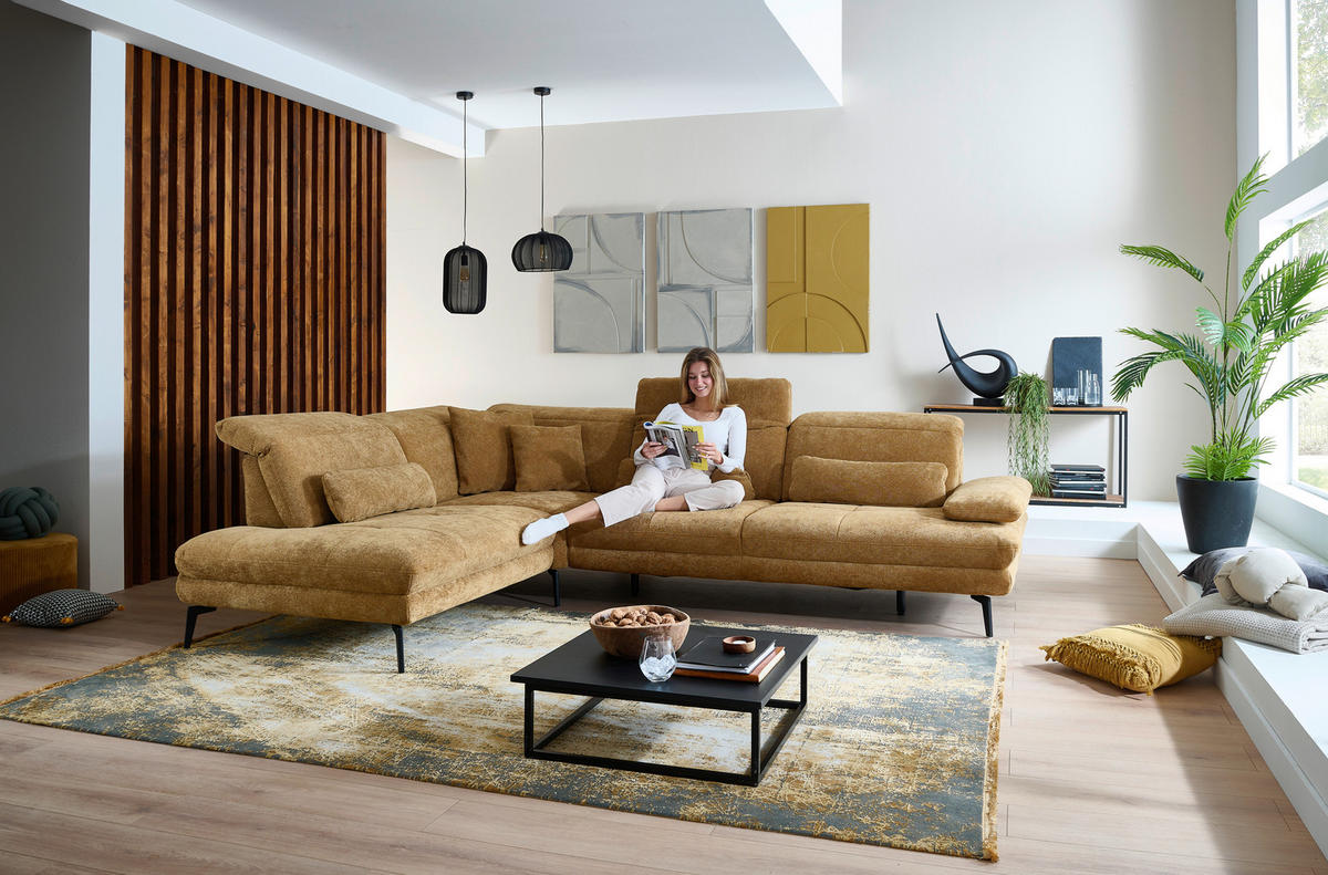 ECKSOFA Beldomo System Dunkelgelb Chenille Rücken echt, Kopfteilverstellung  - Dunkelgelb/Schwarz, Design, Textil/Metall (235/311cm) - Beldomo System