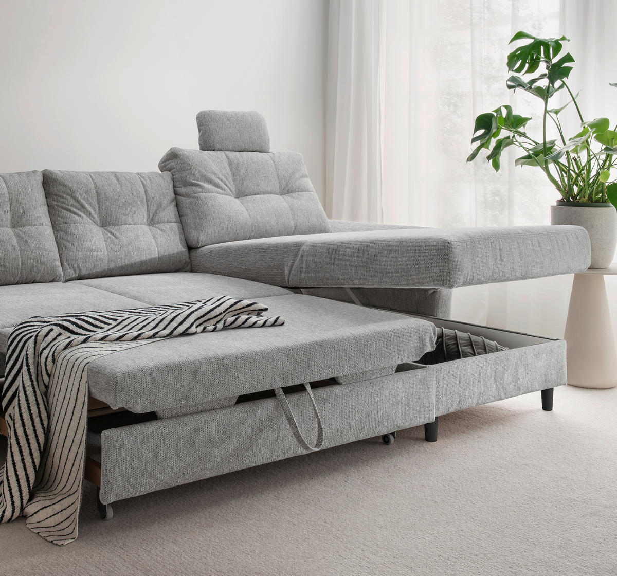 WOHNLANDSCHAFT in Chenille Silberfarben  - Silberfarben/Schwarz, Modern, Holz/Textil (206/338/176cm) - Livetastic