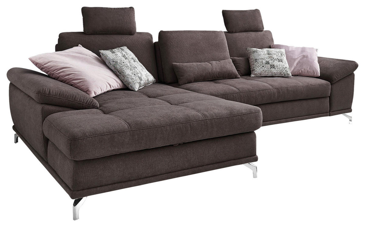 ECKSOFA Dunkelbraun Flachgewebe Bettkasten, Schlaffunktion, Sitztiefenverstellung, Kopfstütze, Liegefläche im Originalstoff  - Dunkelbraun/Silberfarben, KONVENTIONELL, Textil/Metall (176/301cm) - Sit & More