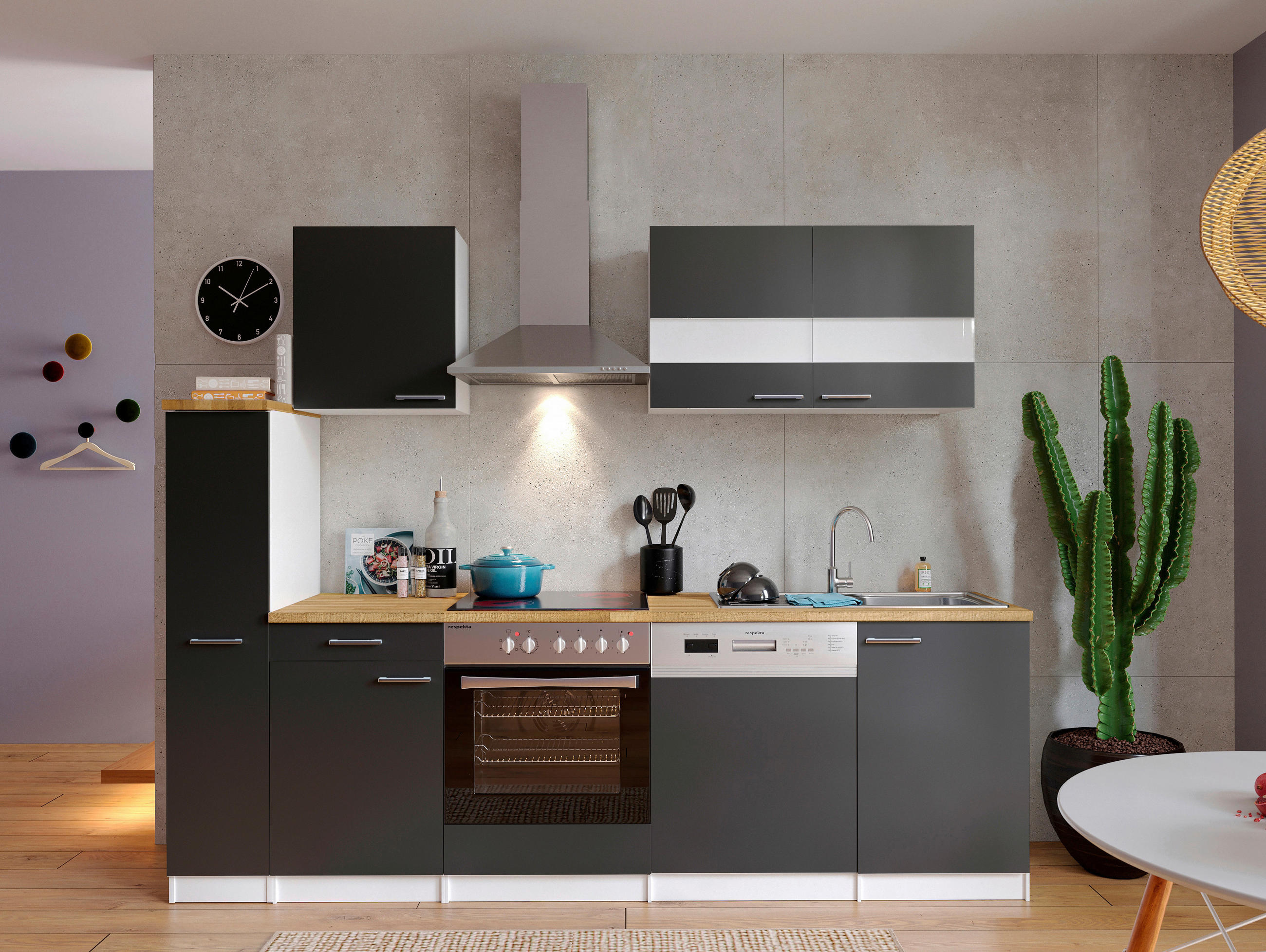 Küchenzeile Economy Mit Geräten 250 Cm Grau/nussbaum Dekor