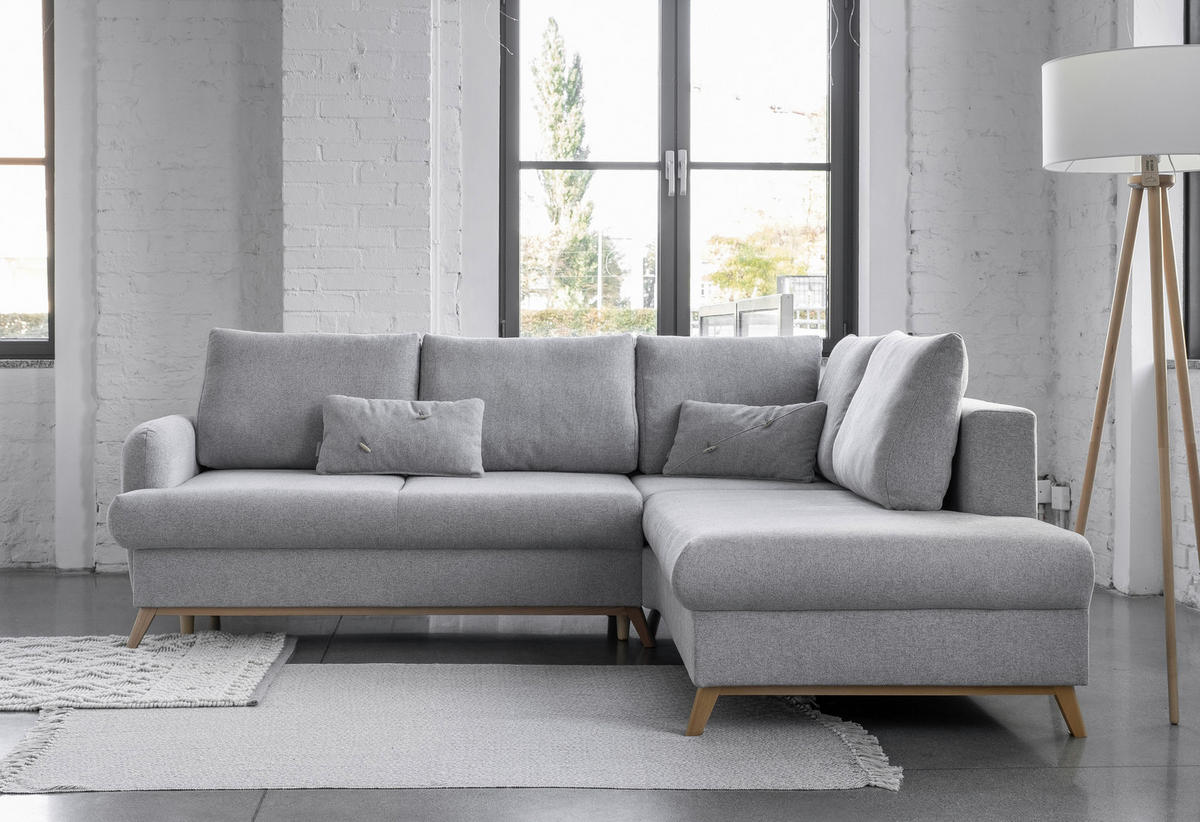 ECKSOFA Hellgrau Chenille  - Hellgrau/Naturfarben, Holz/Textil (242/202cm) - MID.YOU